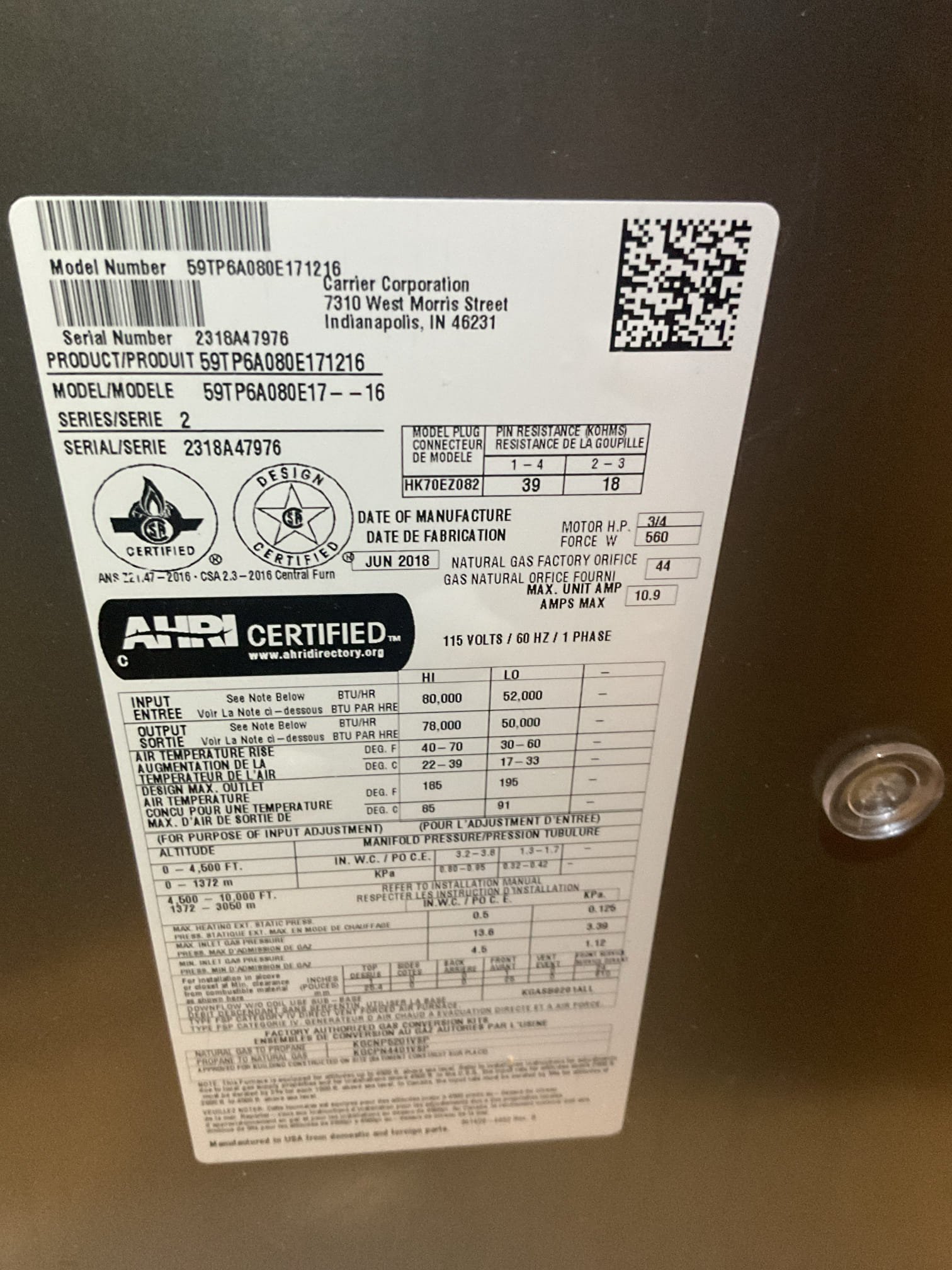 (2) PECO Tune ups
1st Floor system Carrier 3 ton heat pump with 80,000 BTU propane furnace dates to 2018. Filter Aprilaire 413 ok
2nd Floor system (attic) 2 Ton Air temp heat pump with 80,000 BTU propane furnace dates to 2019. Filter 24x24x1 I’m good condition
 

He had set up his aux heat lockouts wrong. Reconfigured Ecobee aux heat lockout 35°, compressor lockout 30°.

1st floor Fan speeds for heat pump mode which is same as cooling were way too high. Set for 1800-2000 CFM. Considering it is a 3 ton heat pump I set to target 1200-1400 CFM made the dip switch selections on control accordingly. 

The second floor unit (2 tons) fan speed was also set to high (1700-1500 CFM) only 800 CFM required. Set fan speed to MED Low. Temp rise improved from 12° to 18°.

For each system: 
Filters ok
Indoor and outdoor coils in good condition.
Inspected wiring, controls, electric motors and components. Provided email estimates for surge protectors. 
Measured temperature rise and static pressure
Inspe