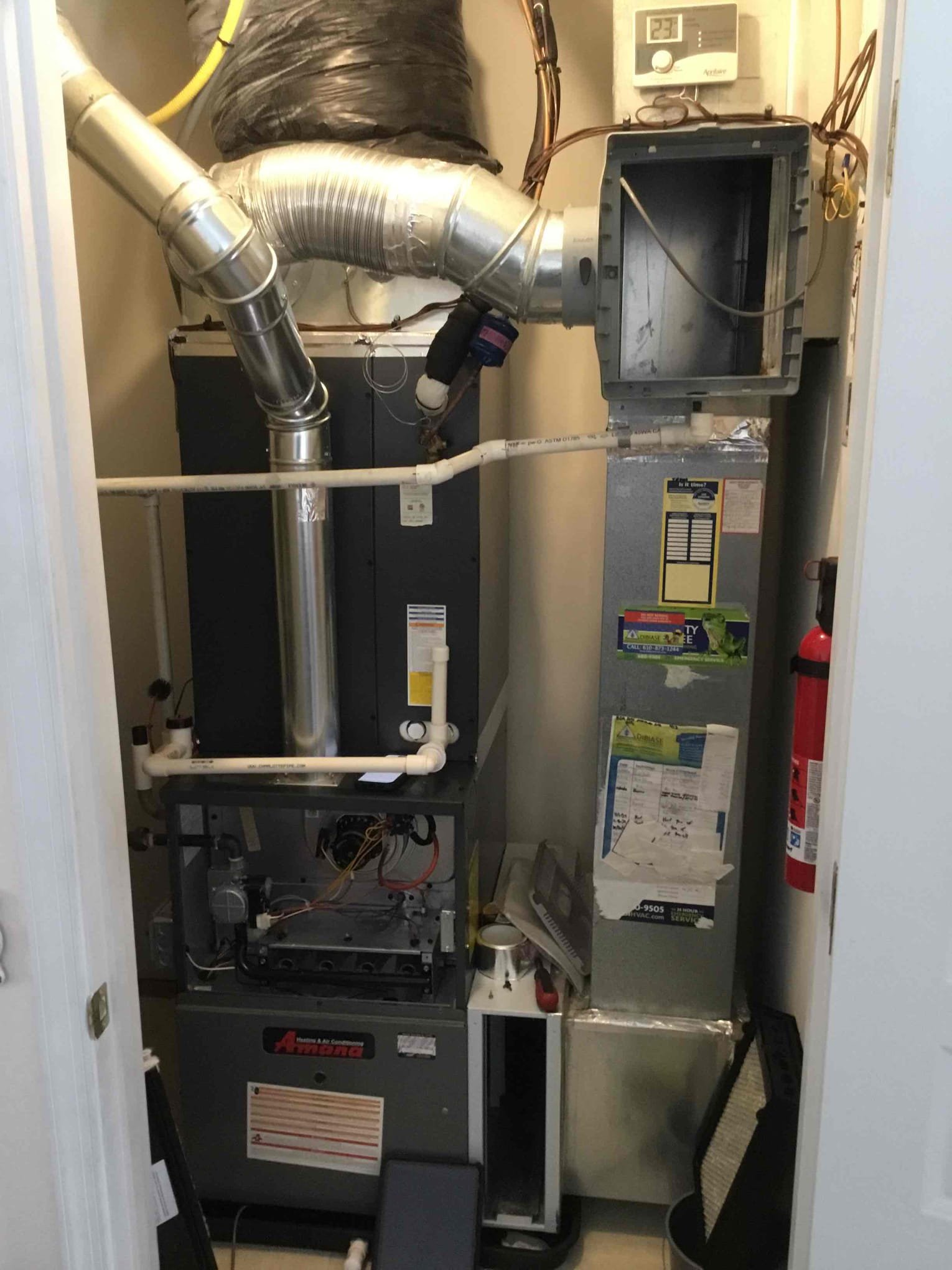 Leveled humidifier and tested operation.  No leaks occurring at this time.  As previous notated, there is high static pressure when the system ramps into high fire.  High fire CFM set to 1600 (lowest setting).  Static pressure 1.8” w.c.  Low fire static pressure is 0.7” w.c. and 1042 CFM.  System operating properly at this time.    