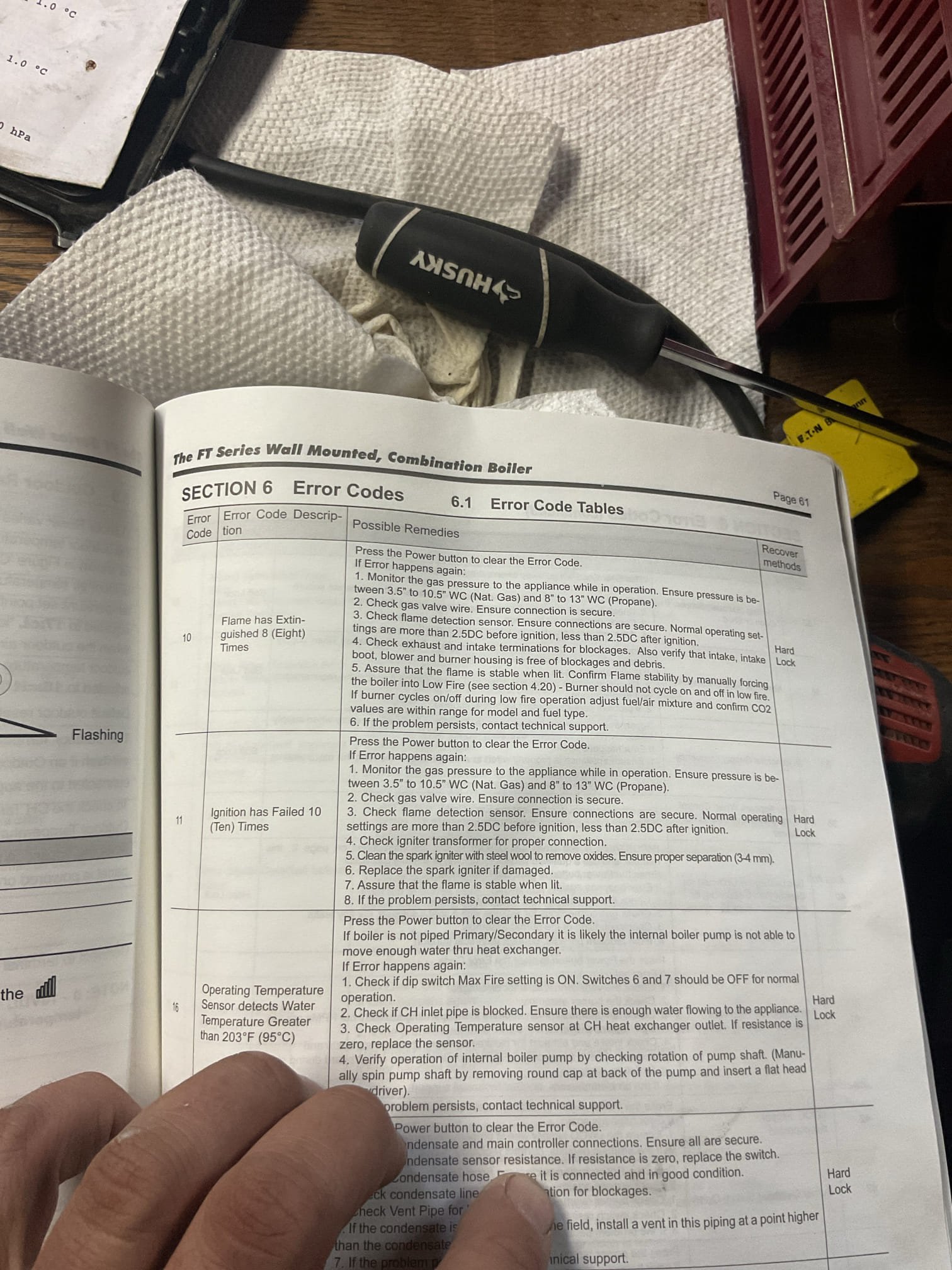 Homeowner had let propane get very low.
Propane company came out an hour before I arrived to fill tanks.
At boiler control found error cod 10 “Flame has extinguished 8 times”
Bled propane line of air to the inlet of gas valve by opening the inlet pressure tap.
Also cleared air inlet screen. Had a few leaves in it. 

Then reset control and cleared code.
Followed manufacturer procedures and found inlet propane pressure to be a tad low so I increased to that it it now 8.5” at inlet during operation. 

Also followed procedures to ensure proper gas outlet pressure using a combustion analyzer and watching %C02 in flue gas analysis. Combustion tests Pass. 

Cycled boiler several times to ensure proper ignition every time.

Boiler operating well at this time.

She agreed to boiler plan membership. Collected for plan and diagnostic.
