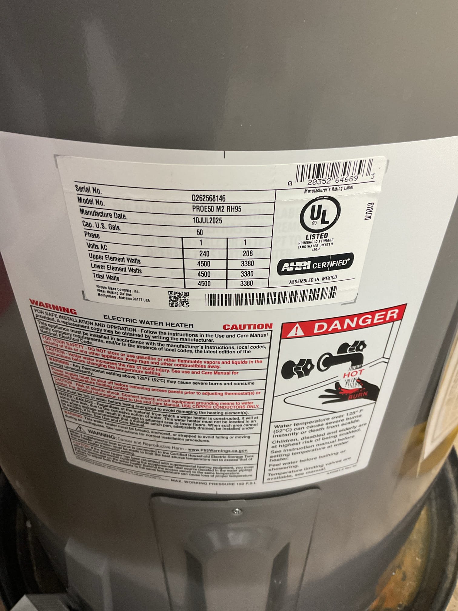 Issue is not enough hot water. A plu,beer told him bottom element is cold.

Bottom element of the Rheem water is reading OL. Bottom element has failed. 

History of this water heater: 
Replaced by Dibiase November 2023 with 4 year protection plan. (10 year warranty with protection plan)
Replaced tank under warranty August 2025.

He did get the Rheem protection plan when he bought water heater November 2023 so he would like us to replace the anode rod at the same time. We will need a folding an anode rod. Not a lot of space between top of water heater and joists. 

We will provide pricing for water heater element and labor to install the new anode rod. 
