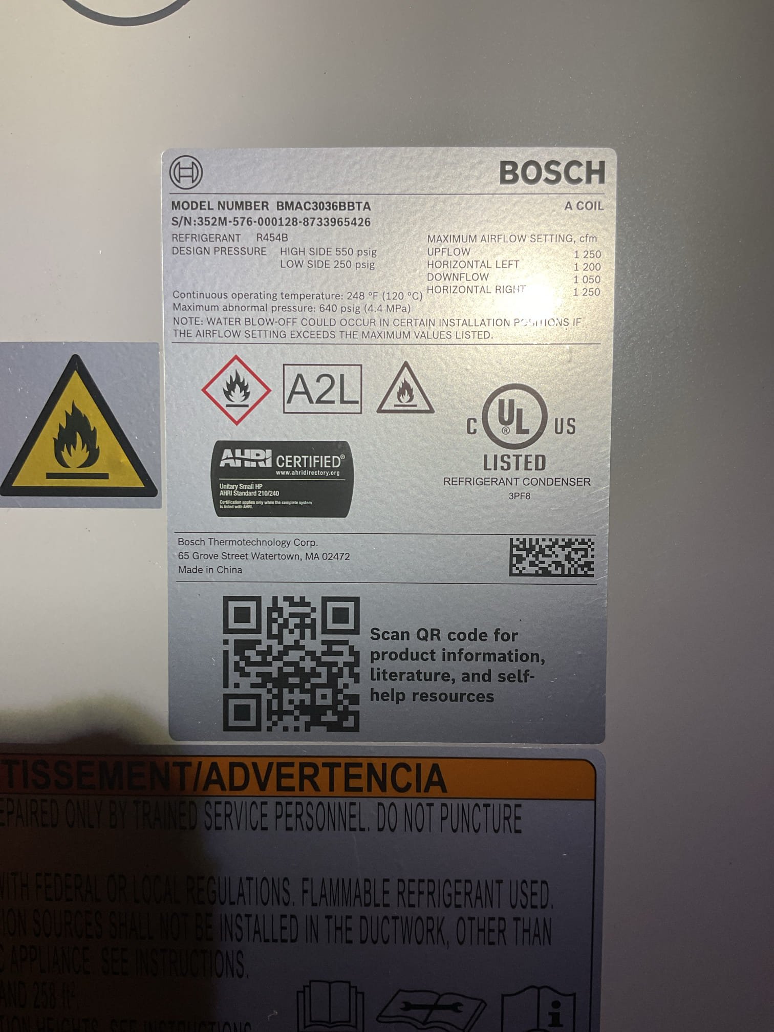 Completed QA for Bosch heat pump install.

Checked all aspects of install: ductwork connections Mechanical, wiring, controls.
EZ trap wired were landed on U1 contacts. I moved the, to correct contacts S1. And made custom alert. If EZ trap float switch opens it will display alert: Clogged drain line. Clear trap and drain line, Then call for service. System will stop cooling and heating and run blower if EZ trap opens. 
Aux heat (propane furnace’ lockout is set to 35°F 
Measured temperature rise from heat pump (66-88=22° Good)

Install passes quality assurance inspection. 

I sent the email for the maintenance plan membership for the system. 