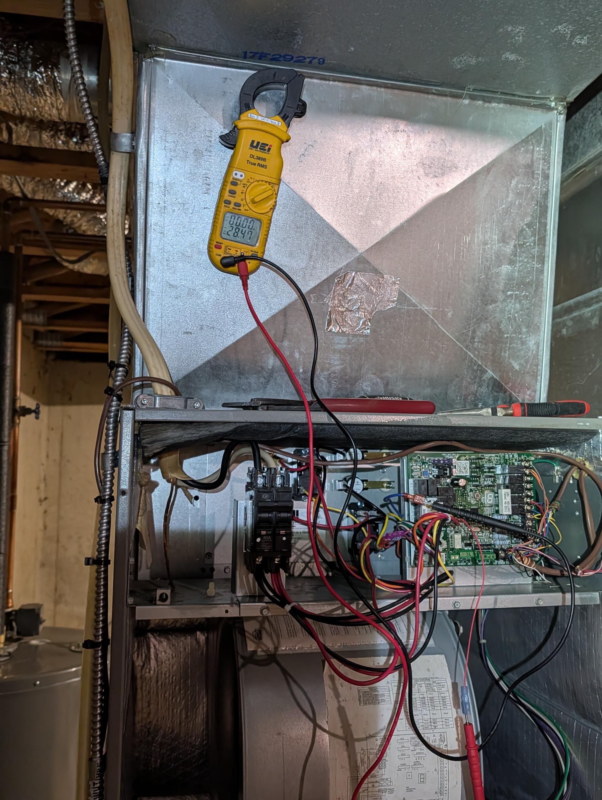 2/16/26

Removed failed electric heat kit with breaker. 
Installed new kit with breaker in frame and measured resistance of each element before wiring. Also checked limits.
Then wired in high voltage and moles plug to control.
Installed 3A fuse at transformer leads and left these 24V leads separate from board and tested before powering board. No short and transformer producing 28V: Good
Wired 24V to board and energized system. 
Turned 0A breaker to outdoor unit back on.

Tested system operations. Temperature rise from heat pump 23.5°F (60-83.5)
Then tested electric heat. 38A 10KW Good
Aux heat is staged. Both relays operating as designed.

System operating well at this time.

He wants to know if he sells the property if the repairs we made for him 
Capacitor and contactor on 1/7/26 and heat kit on 2/16/26 if the 2 year Dibiase guarantee will be extended to the new homeowners. I told him to the best of my knowledge it is only for the person for whom the repairs were made and not to anyo