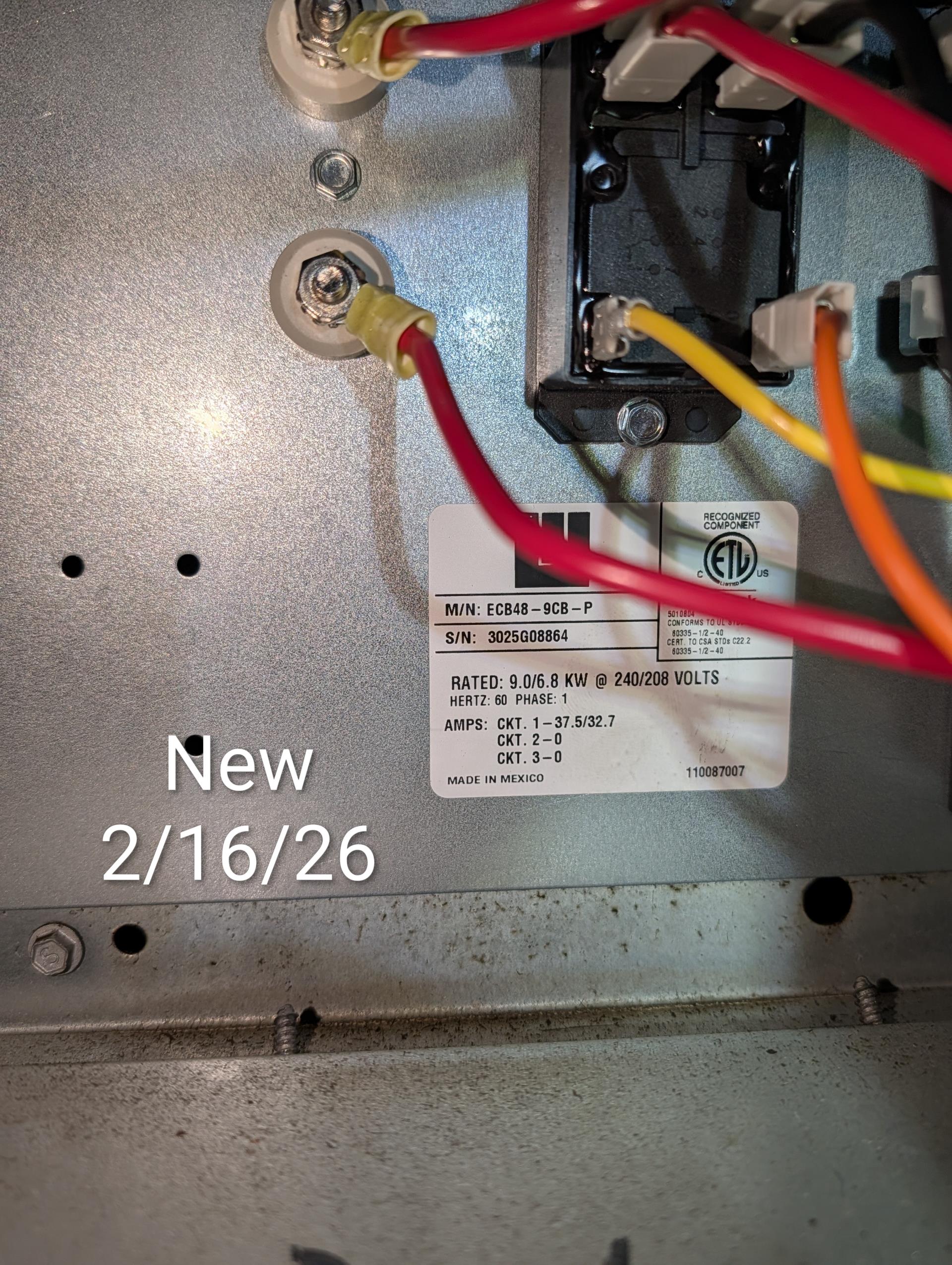 2/16/26

Removed failed electric heat kit with breaker. 
Installed new kit with breaker in frame and measured resistance of each element before wiring. Also checked limits.
Then wired in high voltage and moles plug to control.
Installed 3A fuse at transformer leads and left these 24V leads separate from board and tested before powering board. No short and transformer producing 28V: Good
Wired 24V to board and energized system. 
Turned 0A breaker to outdoor unit back on.

Tested system operations. Temperature rise from heat pump 23.5°F (60-83.5)
Then tested electric heat. 38A 10KW Good
Aux heat is staged. Both relays operating as designed.

System operating well at this time.

He wants to know if he sells the property if the repairs we made for him 
Capacitor and contactor on 1/7/26 and heat kit on 2/16/26 if the 2 year Dibiase guarantee will be extended to the new homeowners. I told him to the best of my knowledge it is only for the person for whom the repairs were made and not to anyo