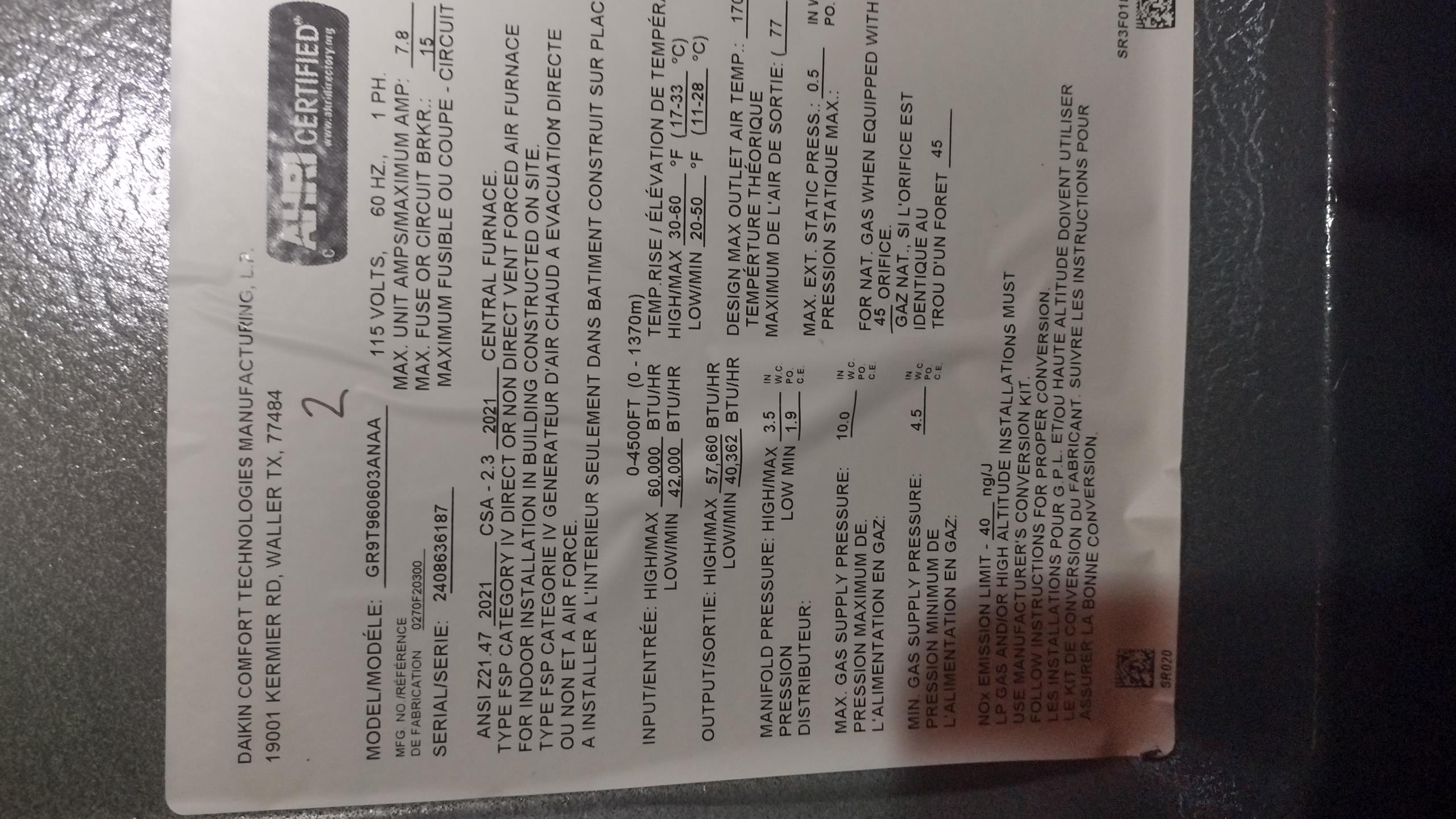 Luis 2-17-26 return visit to replace second floor gas valve. I check manifold gas pressure and incoming, I was able to adjust gas pressure to 1.8 wc and 3.5 wc.  I performed combustion test ok I adjust second stage delay to 10 minutes. Gas valve was not replaced at this time. 
