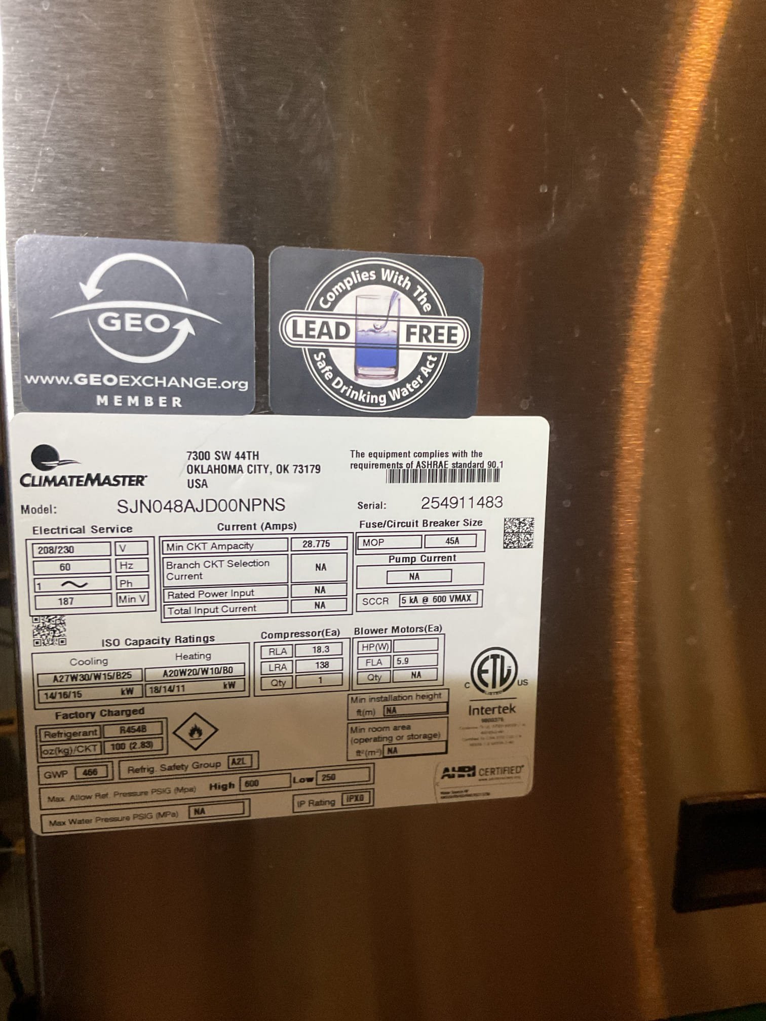 Completed QA for Split geothermal system. Air handler is Unico in attic
Filter sizes are (14x30x1’ and (12x12x1)
Checked install: mechanical, piping, wiring.
Measured water in and out temperature.
Checked R454B refrigerant pressures. 
Measured temp rise from heat pump. (68-94=26°) Good
Checked thermostat configuration: electric heat is locked out above 35°F 
Tested electric heat. It is staged in 4 steps. 
Wrapped EZ trap with foam insulation tape.

Install passes QA inspection
 
