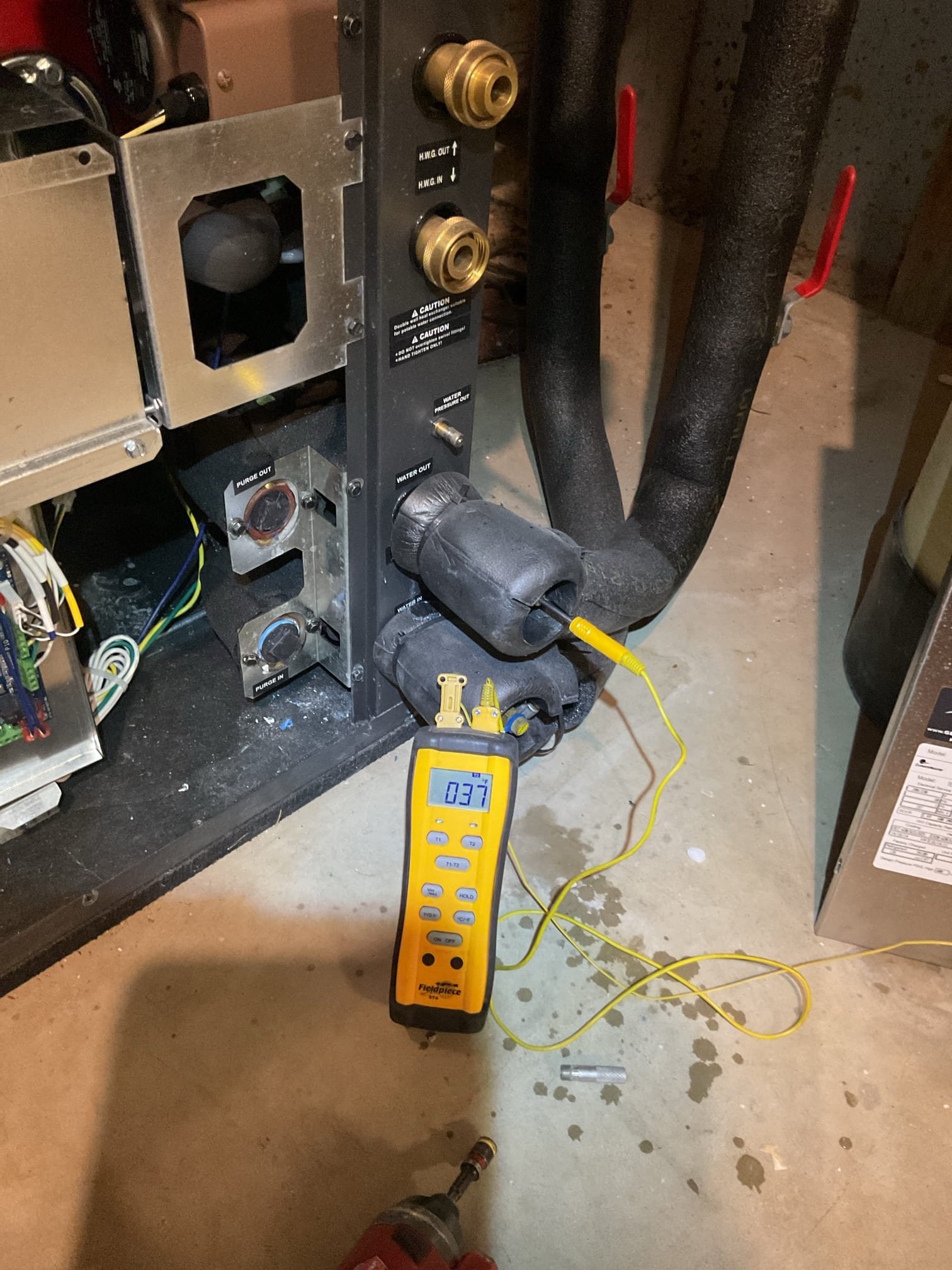 Luis 2-18-26 performed three geothermal heat pumps inspection attic split geothermal for second floor.  split geothermal for basement and package geothermal for first floor. Replacement of 20x20x1 basement split, 501 for attic, customer will replace first floor filter. Found first floor humidifier leaking, customer replace pad and stopped leaking. He will change pad more often. I did not touch humidifier at this visit. Check airflows supply and return temps, check water pressure and temps on geo loops. Ok check amp draw and voltage on compressor ok. Cycle heat pumps ok. All heat pumps are working properly at the time of service. 