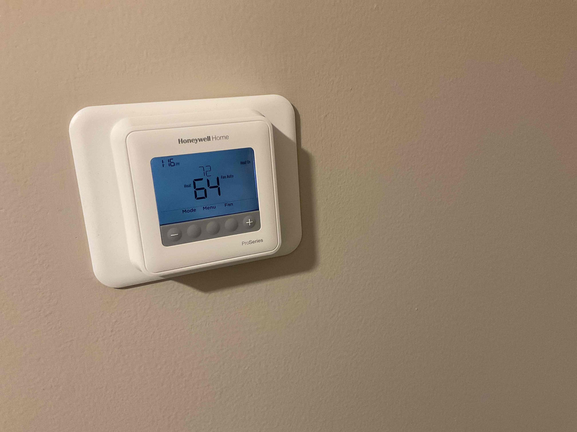 Fully assessed comfort pack gas package unit. Gave system a call for heat. Turned thermostat up 2°. Found system call cutting out in the middle of a call for heat. Jumped out red and white at the unit and everything continued to operate. Thermostat is working incorrectly. Replaced with Honeywell T4 tested operation. Call did not drop out with new thermostat. Performed combustion test. Gas furnace is working properly at time of service. 
Install digital programmable thermostat 