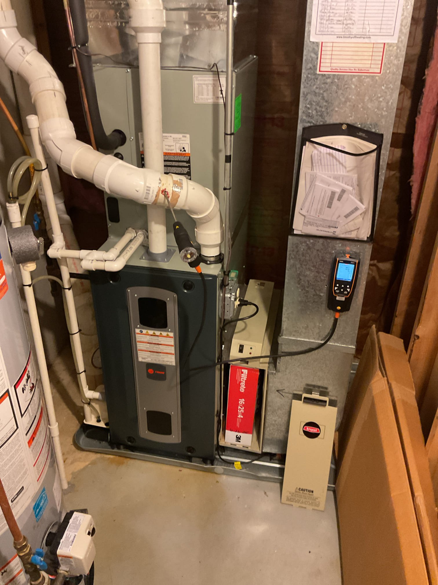 Luis 2-20-26 performed gas heat tune up on trane 96% gas heater, heater is from 2017. Test operation, inspect and clean ignition system, check air delivery blower, clean pressure switch tubes from combustion removal system. Performed combustion test check biz filter 16x25x4 ok. During today’s visit I noticed some items they will need attention soon. Burners are corroded, it takes two trials to ignite, drain does not have any trap, I provided estimate for repairs and recommendations to extend life of unit and maintain efficiency. 