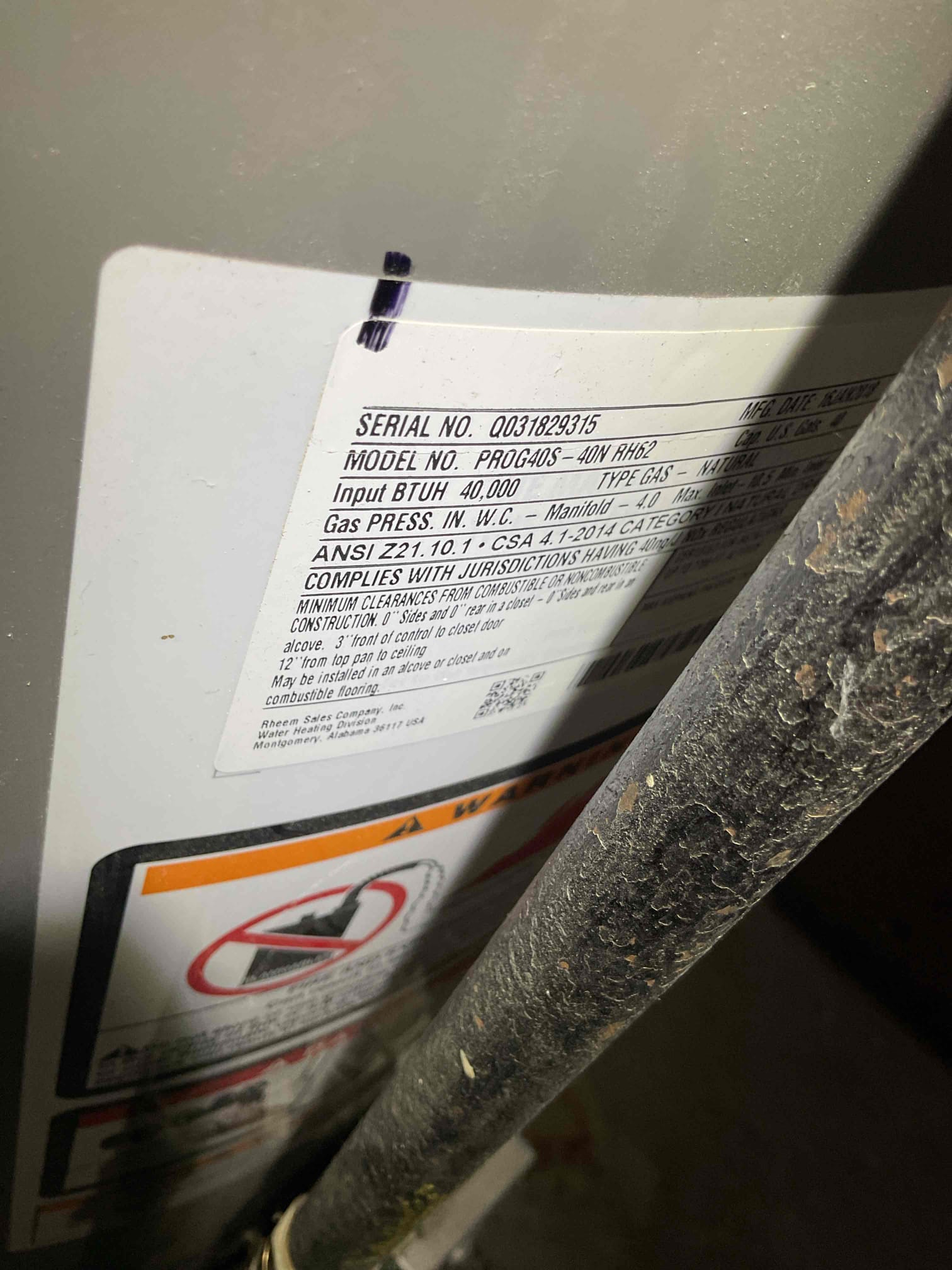 Luis 2-20-26 performed water heater inspection Rheem atmospheric water heater 40 gallon natural gas from 2018. Inspect piping, relief valve. Water pressure and temperature, drained 15 gallons, water looks ok. Test thermostat ok. Unit is out of warranty (6 years) I provided estimate for recommendations, I also provided estimate to replace water heater. 
