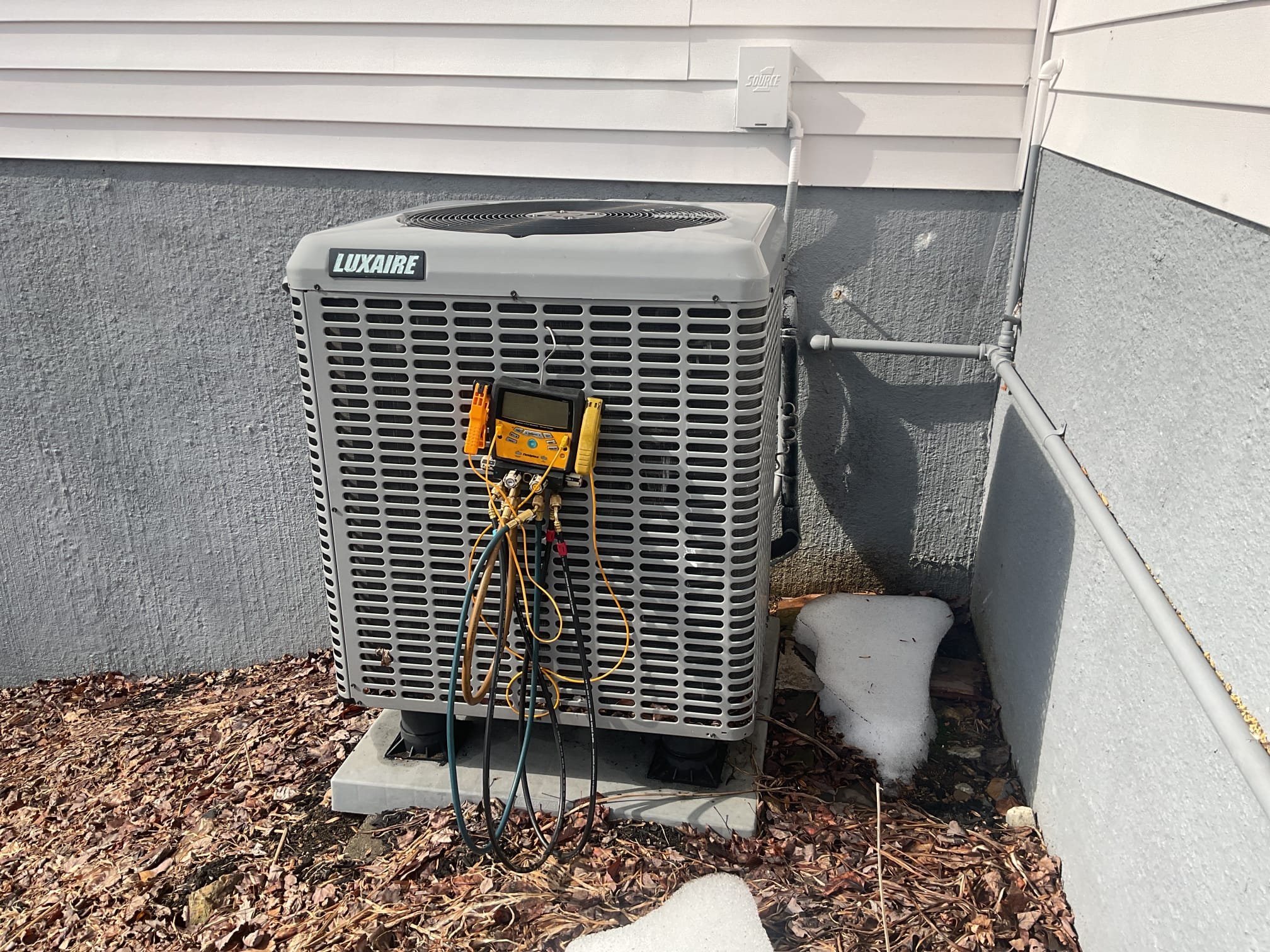 Fully assessed heat pump, not heating. Found 2016 Luxaire heat pump running on auxiliary heat only. Went out to outside heat pump and found heat pump locked out on a code 5 low pressure lock out. Hooked up gauges and found heat pump flat on charge. Found oil around outside coil. Also found compressor was replace and discharge pipping is almost kinked shut. Showed homeowner all of this. Explained to him that more than likely we can’t get this outdoor coil any more and also the way the compressor was replaced was not the best. For these reasons I recommend replacing heat pump system. Homeowner is going to talk to his father before making any decisions. He will call us to set up an appointment to have someone come out to give a replacement estimate. 





