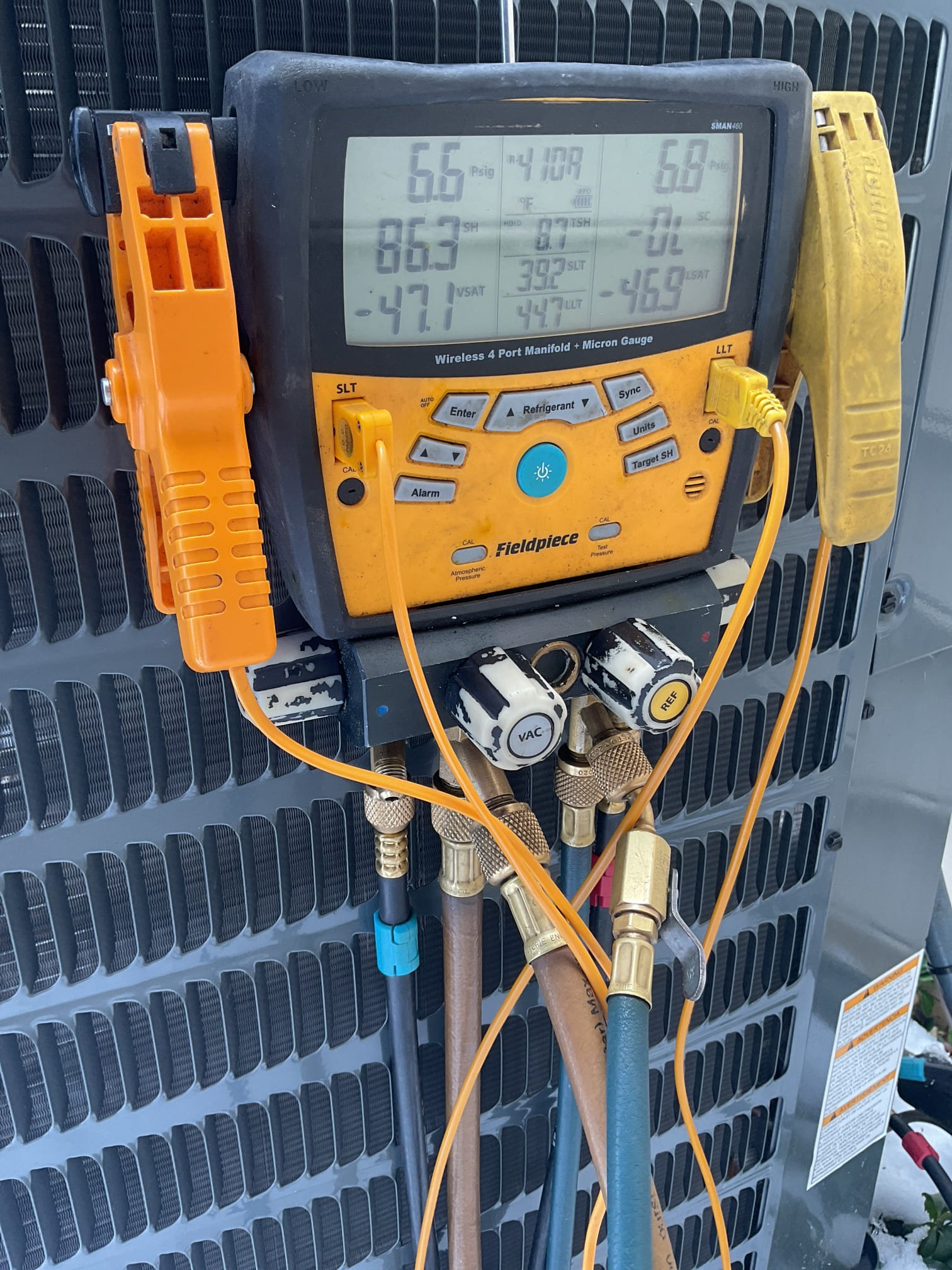 Fully assessed2023  Goodman hybrid gas furnace heat pump not heating. Hooked up gauges and system was completely flat on 410a refrigerant. System was installed by signature. Provided estimate to replace outside coil under part warranty only. Also explained to homeowner that they could replace the system also. They already got quotes from dibiase. They will let us know their decision. They are running on the propane gas furnace at this time. 