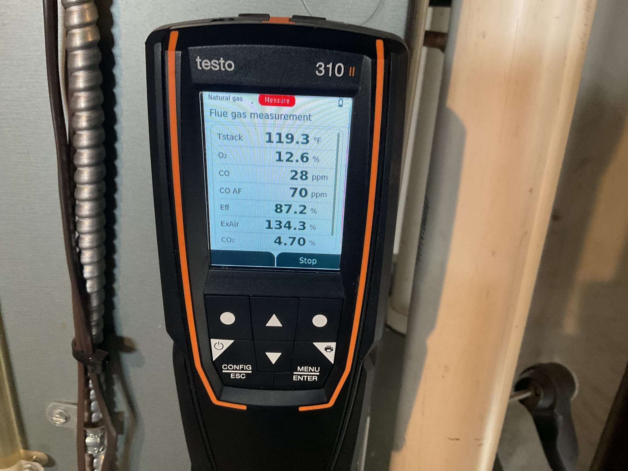 Fully assessed no heating situation. Went downstairs to the furnace and found nothing running, also no error codes. Went back up to the thermostat and found it was on cooling instead of heating, this is why the furnace was not running. Turned to heating and everything came on. Performed a combustion test. Also performed an inspection with a camera of the heat exchanger. Gas furnace and a/c were installed in 2003. Took photos of heat exchanger inside and out, a lot of rust on heat exchanger. Did not see any cracks yet but is in rough shape. Would recommend replacing the system. 