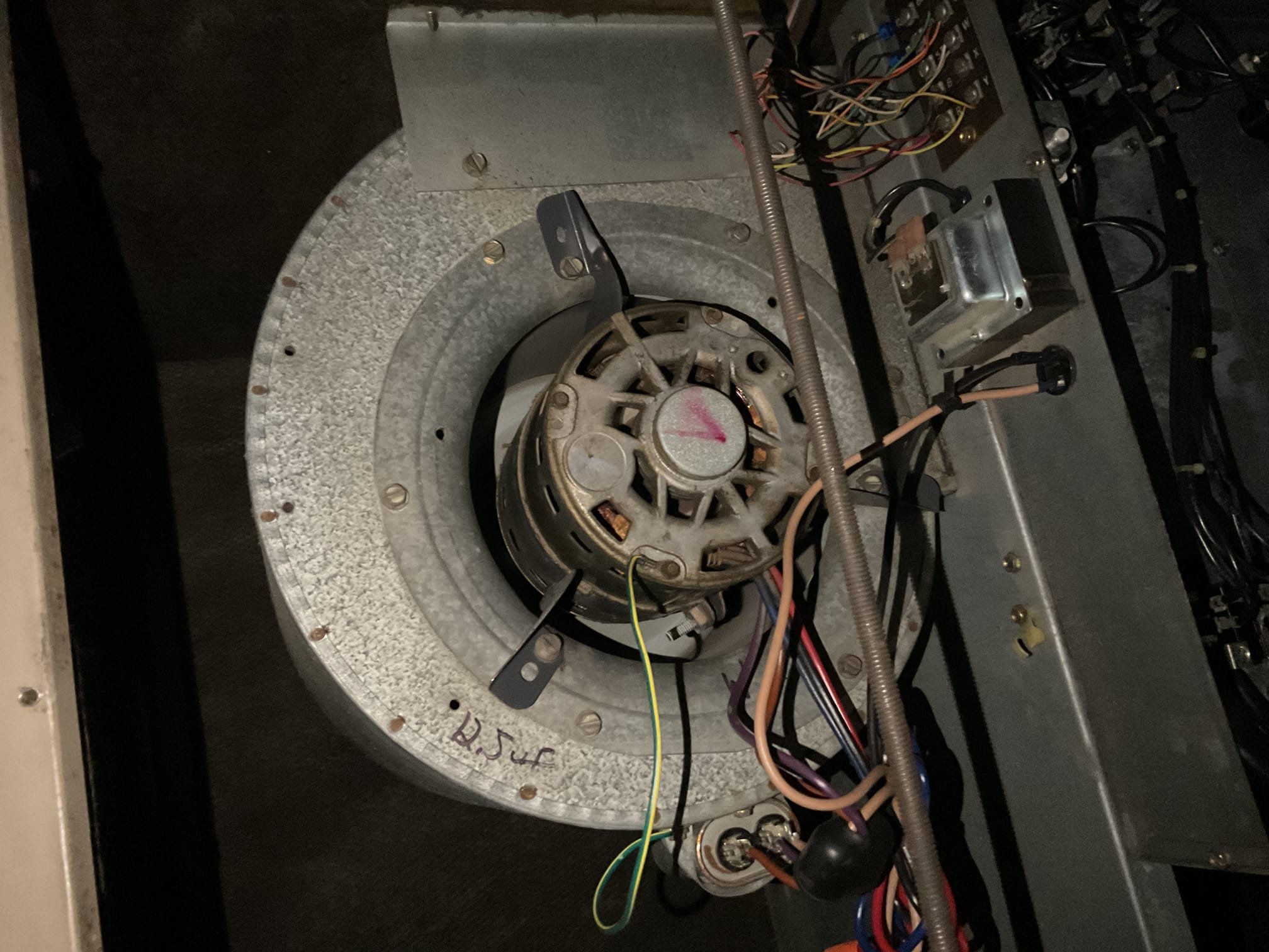 2/26/26 Kurt and Conner: arrived to noise call to find air handler blower motor malfunctioning. Blower spins slowly with no call from thermostat and locked up upon a call for heat. Blower and wheel will need to be replaced. Called distributor for price and availability. Also highly recommended replacement system, 