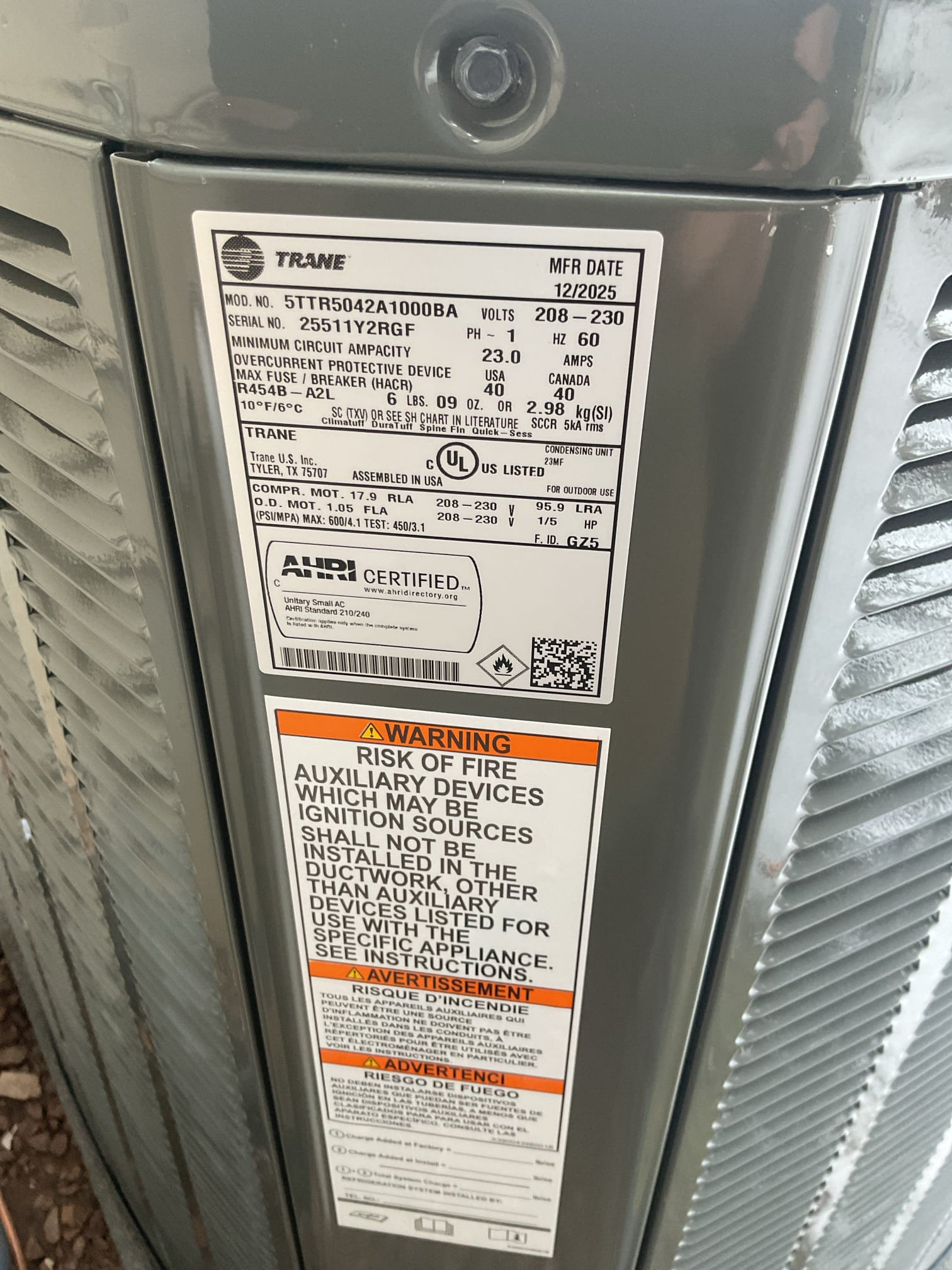 Completed QA for 100,000 BTU natural gas furnace with 3.5 Ton AC.

While inspecting the outdoor unit found no power to disconnect. Found tripped breaker. Disconnects wiring of outdoor unit itself and then reset breaker. It is still tripping. Breaker in panel has failed. I brought this to homeowners attention and he is going to contact an electrician. 40A double pole breaker.

Replaced 16x25x1 filter
Checked all aspects of Install: mechanical, wiring, control settings, piping (vent, drain and gas)
Verified main gas pressures
Measured temperature rise and static pressure in first and second stage gas heating. 
Combustion and draft tests: Pass

There is still one original zone damper for the second floor when we made original proposal. It is an 8x12 damper on back side of trunk. It is working but recommend replacing as we did with the others. Provided email estimate 

Install passes QA. 
