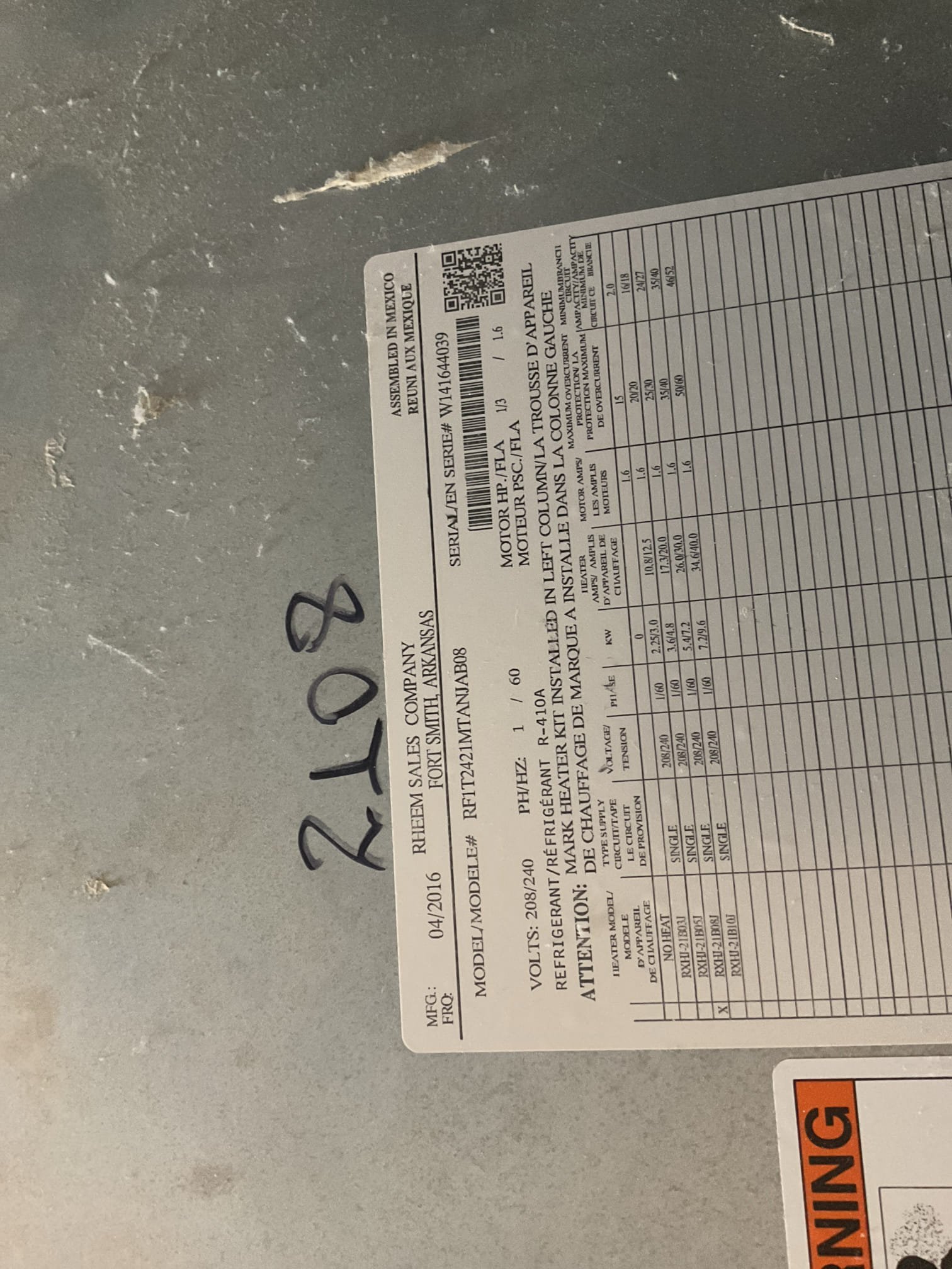 Fully assessed no heating situation. Found air handler breaker was tripping after about 15 minutes. Found that it was tripping when it was on emergency heat. Found 30 amp breaker in the panel and 40 amp breaker in air handler. Strip heater is an 8 kw strip heater and should be a 5 kw. Strip heater is original and is oversized for the 10-2 wire feeding it. Need to get a price on a  kw heat strip for a this air handler. Maintenance has space heaters in there for now. 