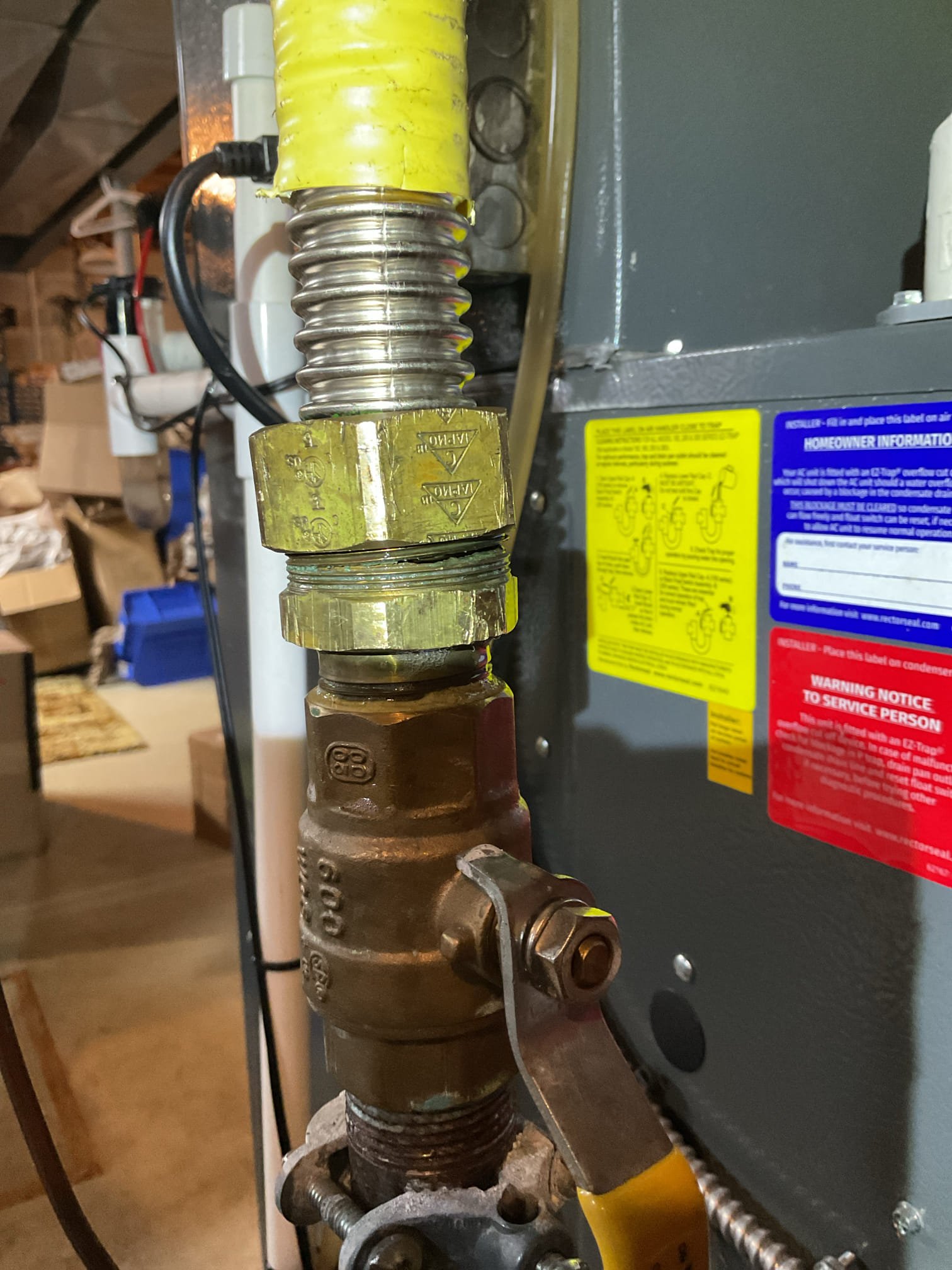 Previous tech was out for tune up and noticed several gas leaks on gas piping to furnace.  Replaced leaking gastite connection to shut off valve.  Also repaired leaking elbow at gas valve.  Leak tested.  System operating properly at this time.