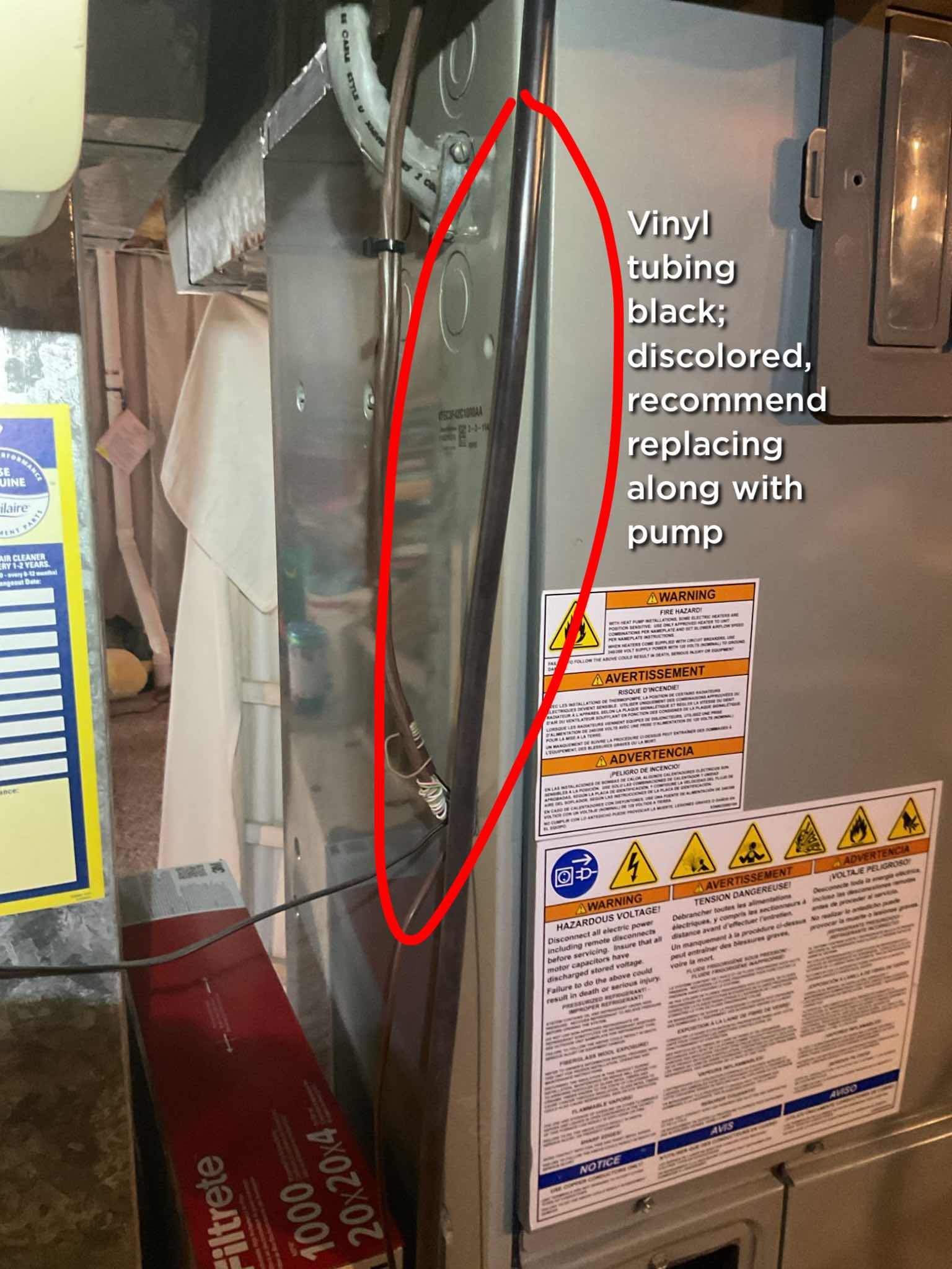 Completed heat tune up for heat pump with 20KW electric heat kit,
System dates to 2012; 14 years old. 

20x20x4 filter ok; recently replaced by homeowner 
Indoor and outdoor coils in good condition.
Inspected wiring, controls, electric motors and components. 20KW electric heat kit 82A: Good
Measured temperature rise and static pressure
Inspected drains. Trap does not have overfill protection or cleanout. An EZ trap with float/overfill protection switch is preferred. Provided email estimate for EZ trap.
Condensate discharge tubing severely discolored. Condensate pump has long discharge time. Provided email estimate to replace
Verified integrity of compressor and defrost cycle 
Checked refrigerant charge/pressures.

With homeowners approval completed humidifier maintenance
 Replaced Aprilaire 35 water panel, cleaned housing, verified operation and water flow. 

Heat pump operating ok at this time, but is beyond what is considered replacement age for heat pump system. Recommend replacing 