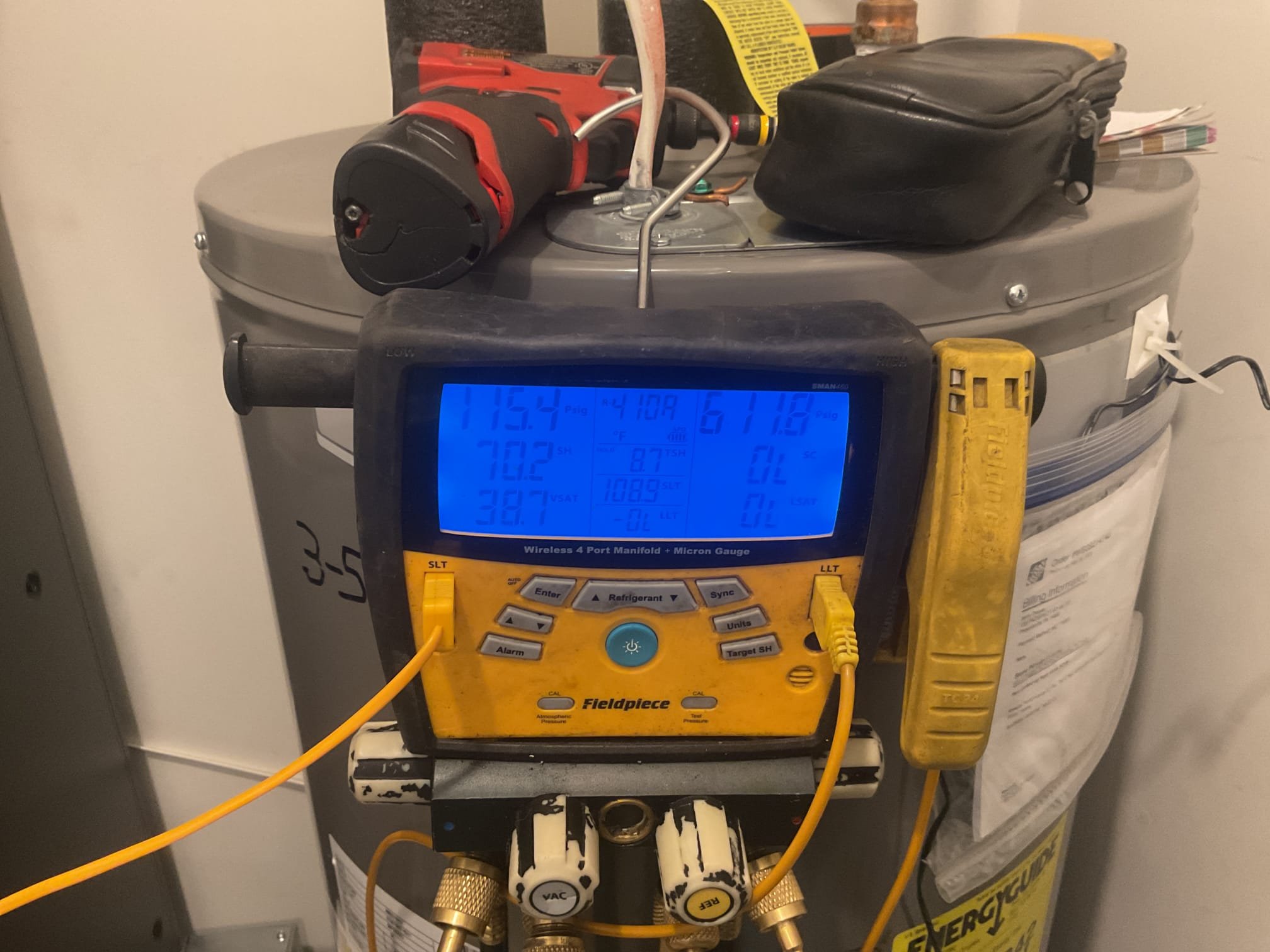 Fully assessed heat pump system operating. Went up 1 degree on the thermostat. Only the heat pump came on as it should. Measured amp draw on blower motor, found back up heat was not coming on operating normally. Found blower motor drawling 2.34 amps. Took photos of how dip switches are set at this time. Also checked 410 a refrigerant pressure it was 321 psi. Had 108 degrees supply temp. Heat pump is working properly at time of service. Will look into a wind hood for the outside unit. 