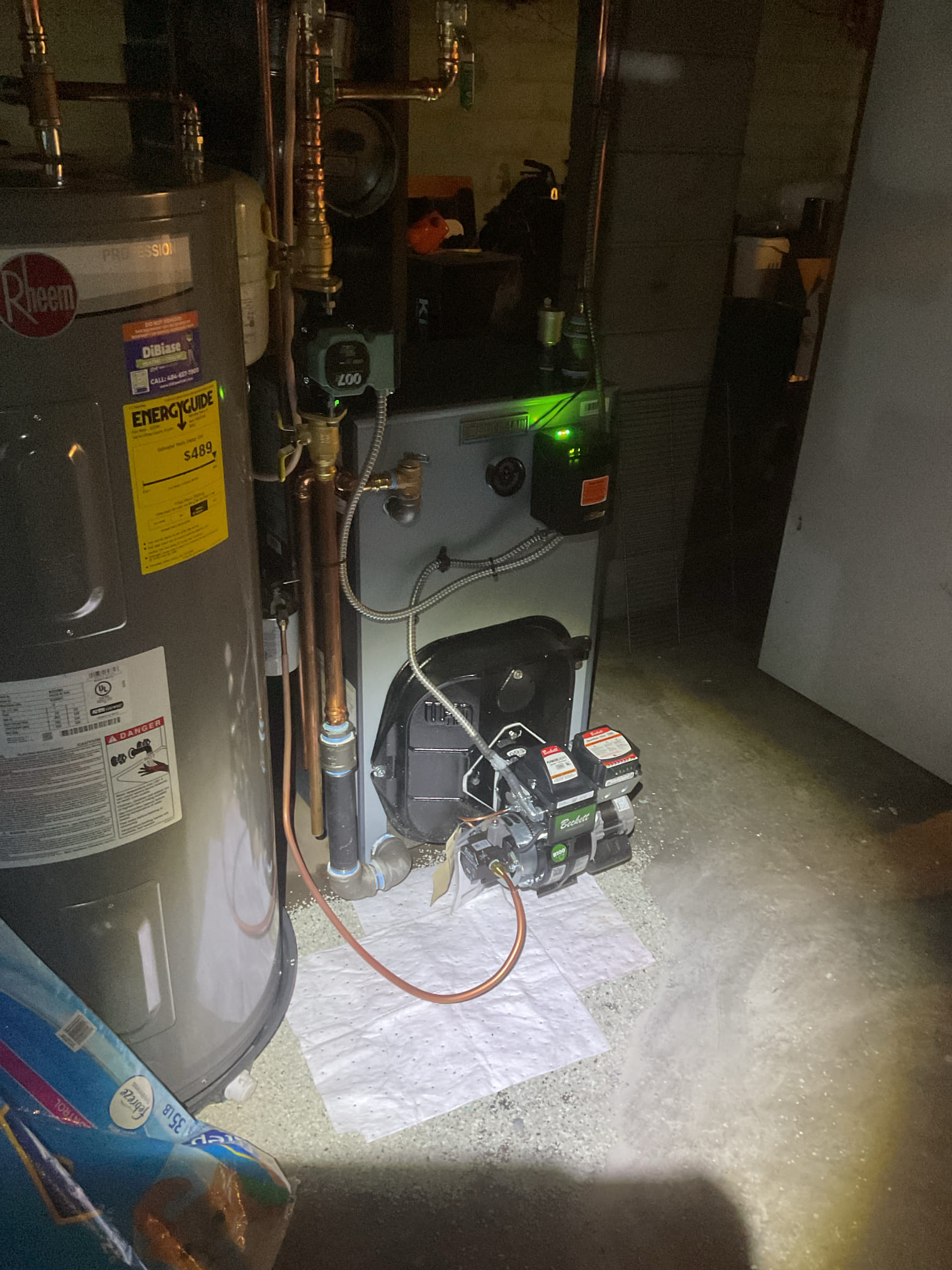 I arrived to the customers home for Q.A. Inspection on their new Weil McLain oil fired boiler. Customer had let me know that she had a small oil leak under the burner. I found the flare joint was leaking. I repaired the flare and checked for any other leaks. I started with inspecting for water leaks, and checked all the copper line joints .  I checked the temperature pressure gauge. I checked the wiring connections for neatness and voltages on the controls.  I performed a combustion check on the boiler for proper set points and efficiency for the oil burner. Everything is running good. 

