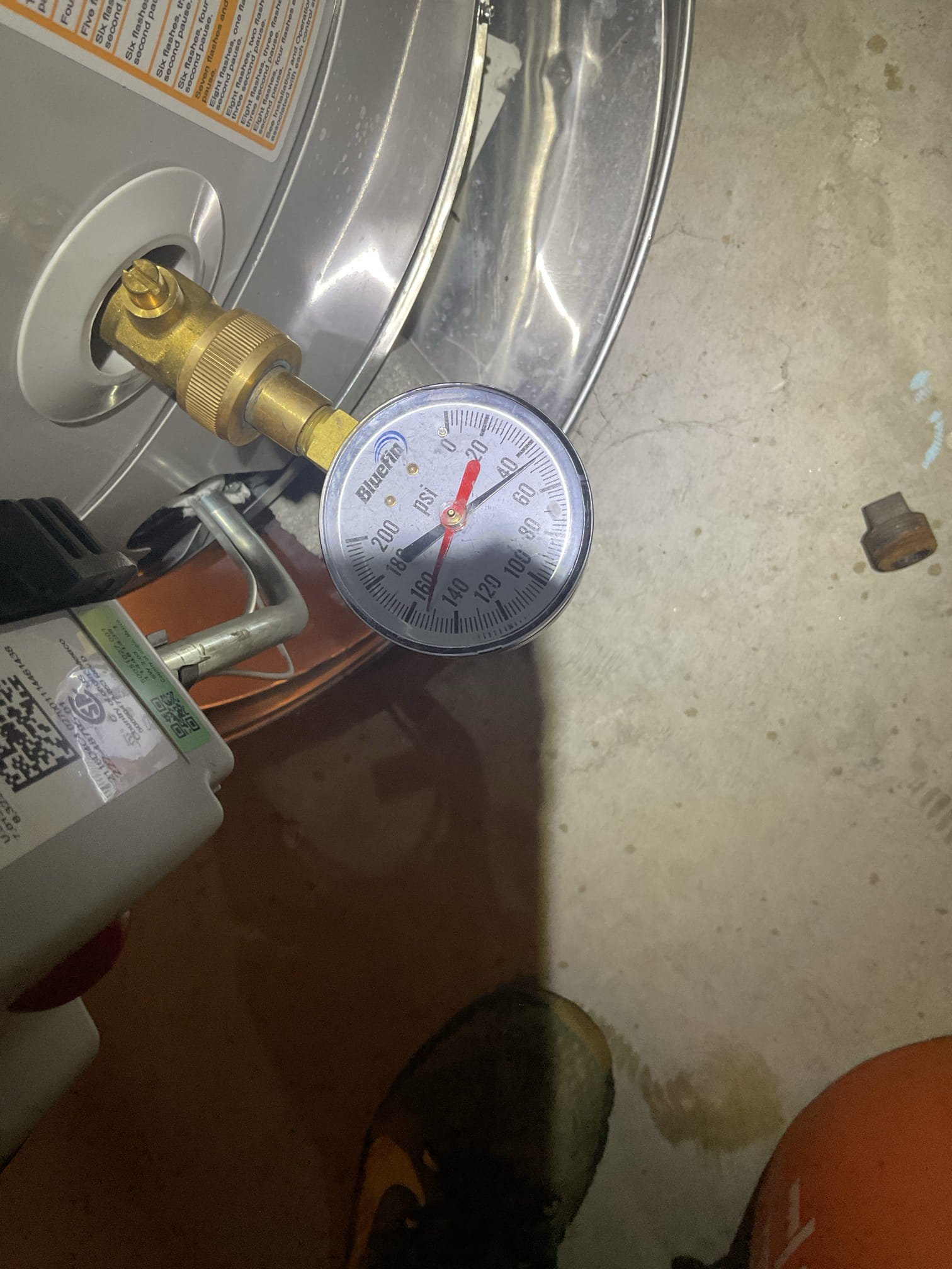Luis 3-6-26 customer noticed water heater alarm was going off couple weeks ago. There was little of water inside pan. She dried pan, check water heater operation inspect expansion tank and tank had no pressure, tried to add air to tank but was not holding. I replaced expansion tank add 50 psi to expansion tank to match water pressure in the house. Test water heater operation cycle water heater and monitor pressure as it was heating water ok. Water pressure stayed at 50 psi at all time. Expansion tank was under warranty, warranty for expansion tank expires 1-31-27. 