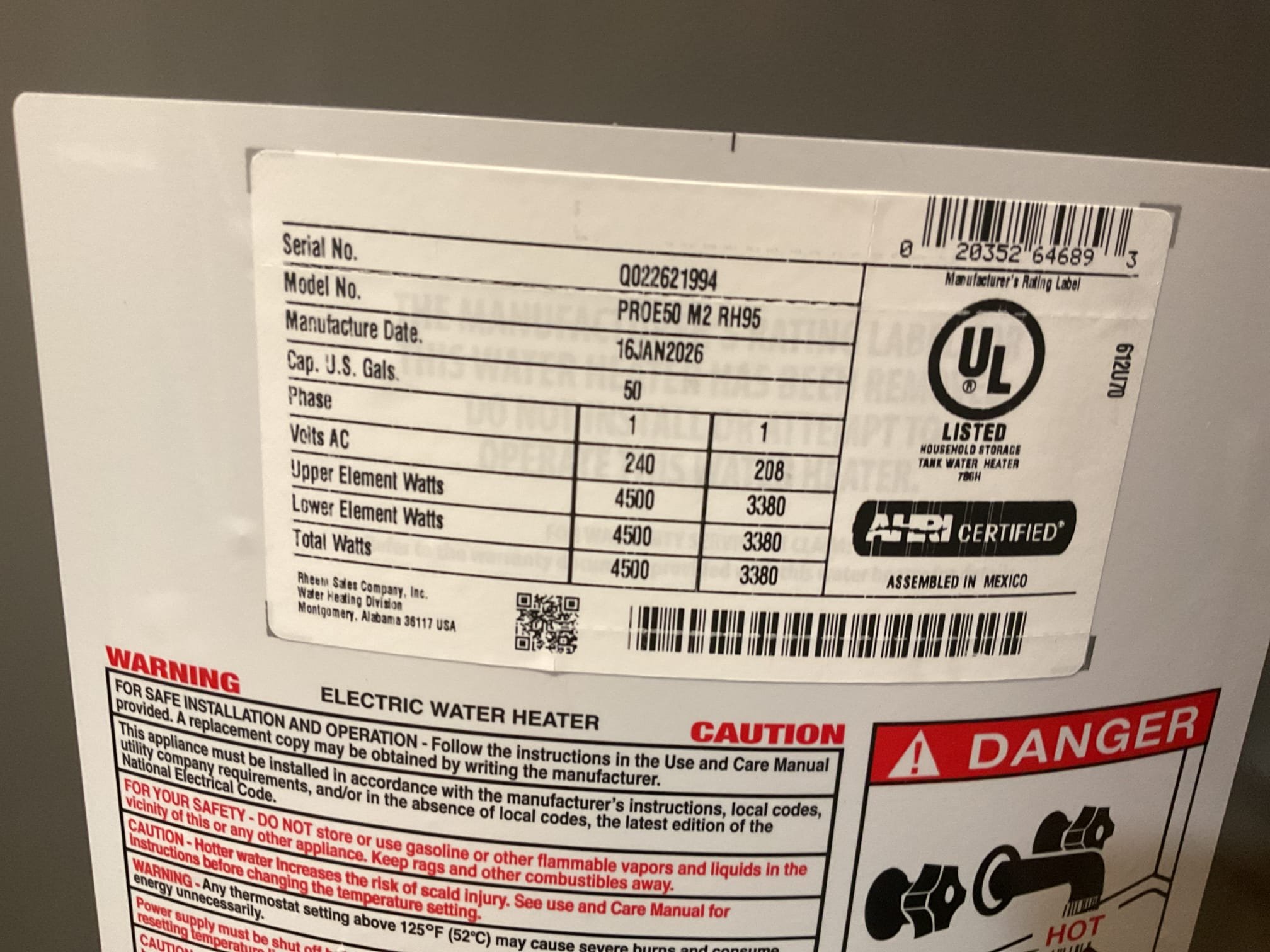 Found 2008 80 gallon electric water heater leaking. Replaced with Rheem 50 gallon electric with tank booster. Purged air. Checked for leaks. Tank booster is set to 120 degrees. Tank thermostats are set to 140 degrees. Left (2) Aprilaire 413 filters. Heat pump was just in defrost mode. Water heater is working properly at time of service. 
(2) high efficiency filters 