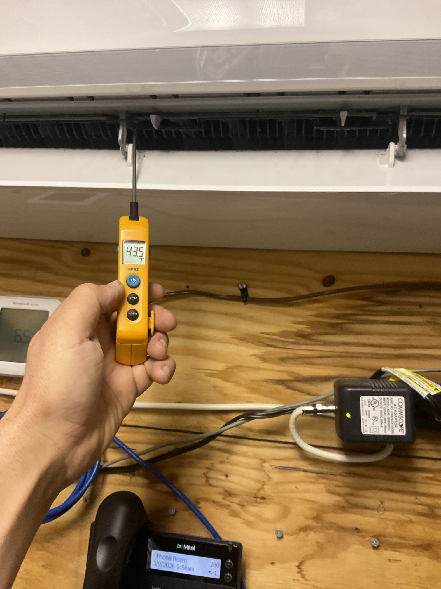 Completed tune up for Minisplit in telephone room.

Washable filter is clean.
Indoor and outdoor coils in good condition. 
Measured temperature split. (67-45=22° Good)
Inspected wiring, controls, electric motors and components. Provided estimate for surge protector to be installed at outdoor unit disconnect. 
Inspected drain and pump: added treatment tabs to drain line and pump.

System operating well at this time. 
