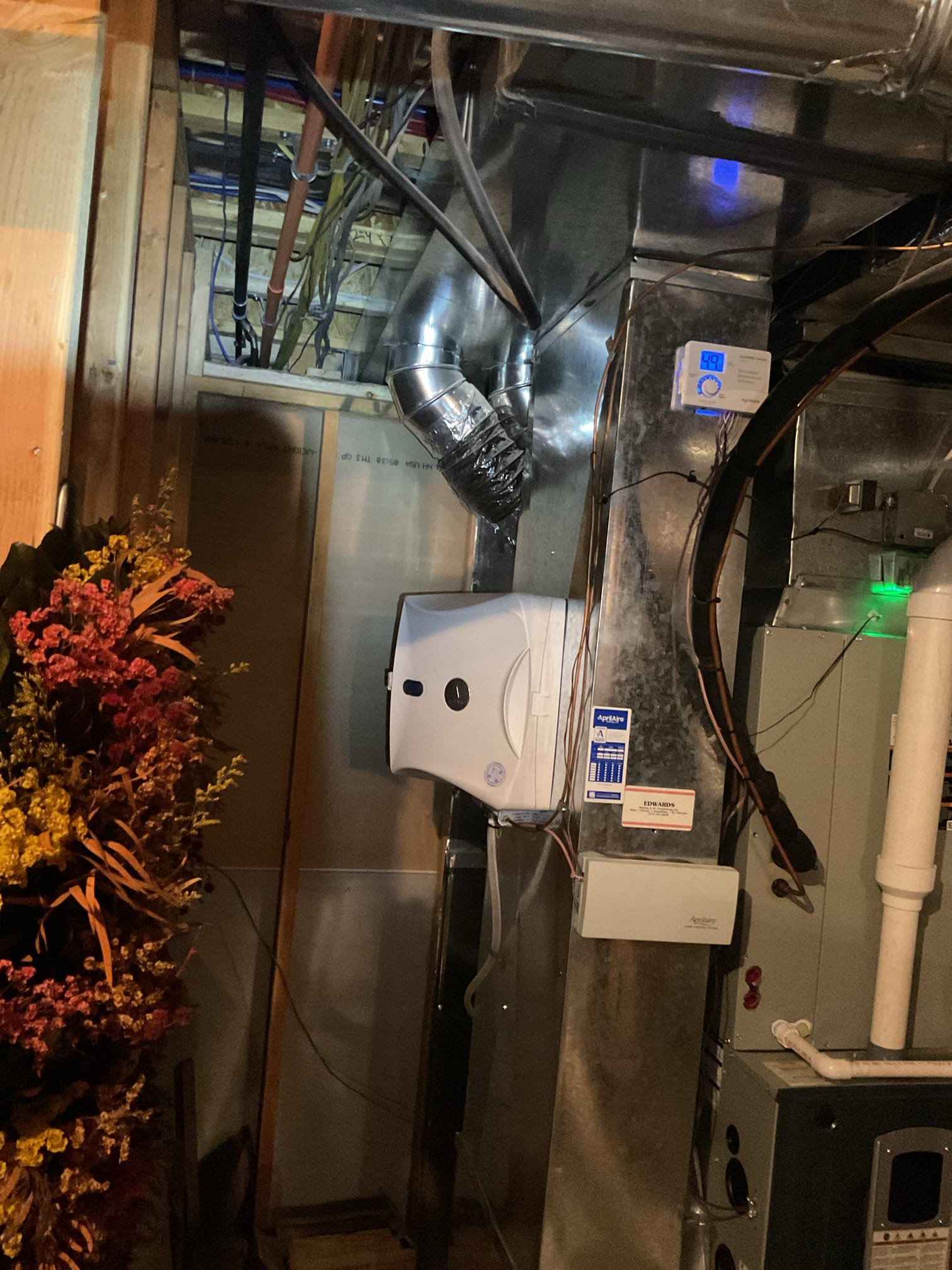 Luis 3-9-26 Installation of whole house humidifier, 620A. New water line. New round duct, run drain to condensation pump, test pump ok. Test operation ok. Check water connections ok. Showed customer how to use humidifier ok. Set to 4 on humidistat. 