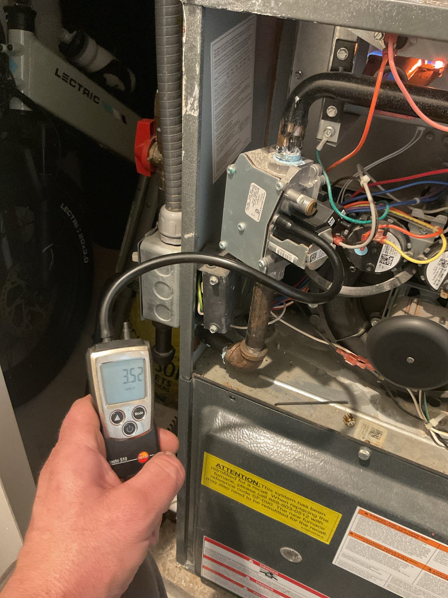 
Completed heat tune up for natural gas furnace.

Replaced 16x25x1  filter
Inspected heat exchanger, burners, flue pipe, inducer assembly and hoses
Inspected hot surface ignitor and verified resistance with meter
Cleaned flame sensor and verified flame rectification circuit
Measured temperature rise and static pressure
Checked wiring, controls, electric motors and components; there are no surge protectors; left estimate for a surge protector 
Checked manifold gas pressure
Inspected drain and pump. There is a condensate pump safety but no EZ trap. System lacks ideal water safeties. A wet switch is preferred to float switch in the pan. Provided email estimates. One for EZ trap only and one for EZ trap+ Wet switch. 
Also provided previous email estimate to run new vinyl tubing to standpipe 
Provided email estimate to replace expansion tank and properly support/strap. 

Combustion, draft and smoke tests: Pass

Gas furnace is operating well at this time. Lacks surge protection and water saf