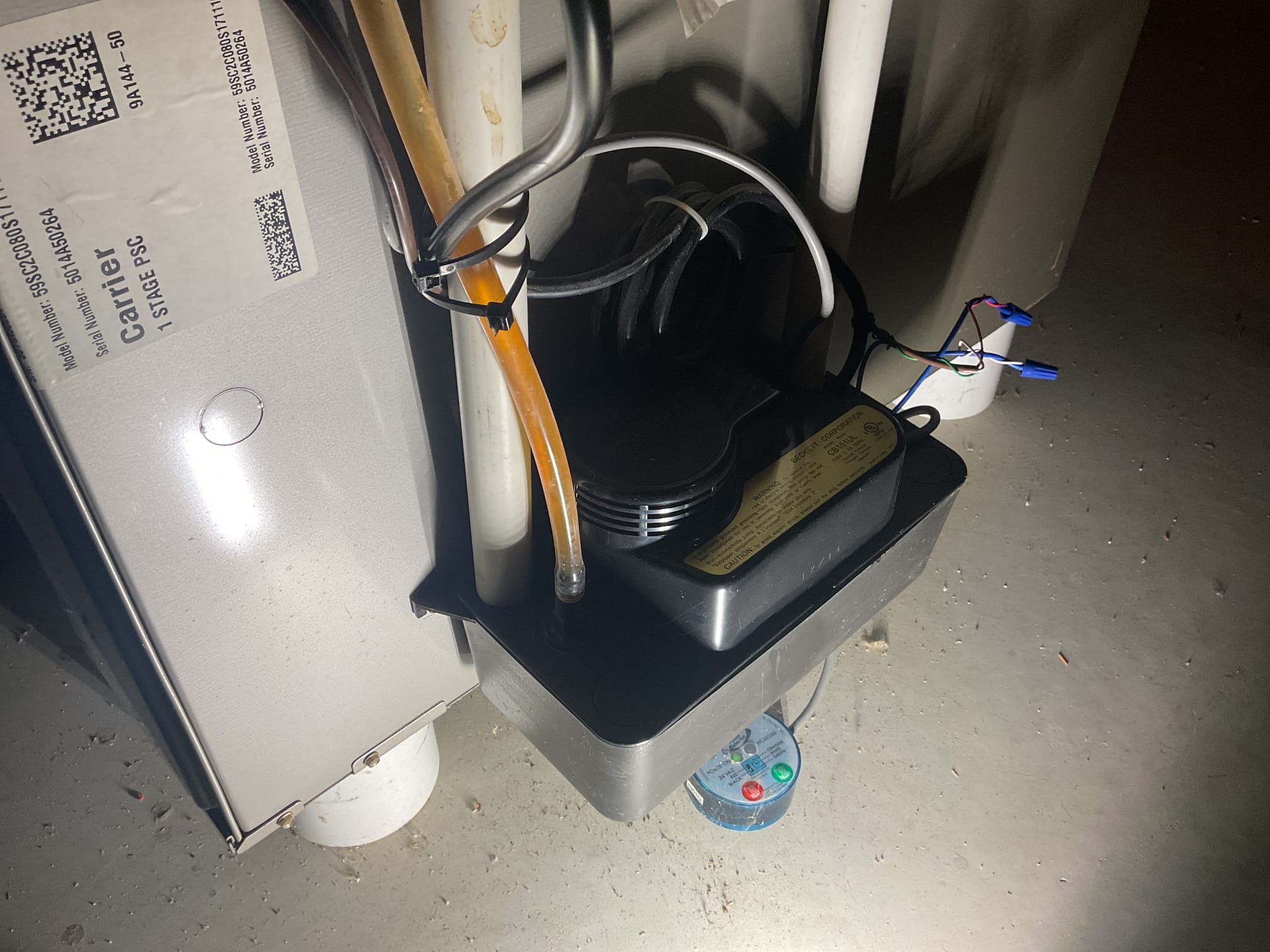 Fully assessed no heating situation on 2014 carrier propane gas furnace. Found nothing running at all. Found after shaking condensation pump furnace came on, condensation pump float safety is failing. Fully looked over system found burners are getting corroded, igniter is white and brittle. Explained to homeowner that being propane and 11 years old furnace is at the age of replacement. Homeowner wanted to replace 115 v condensation pump for now. Replaced pump and tested operation. Performed combustion test. Gas furnace is working at time of service. Homeowner switched thermostat to cooling mode and 3 amp fuse in furnace immediately popped. Went outside and found shorted contactor, Replaced contactor and tested operation. System is working properly at time of service. 


