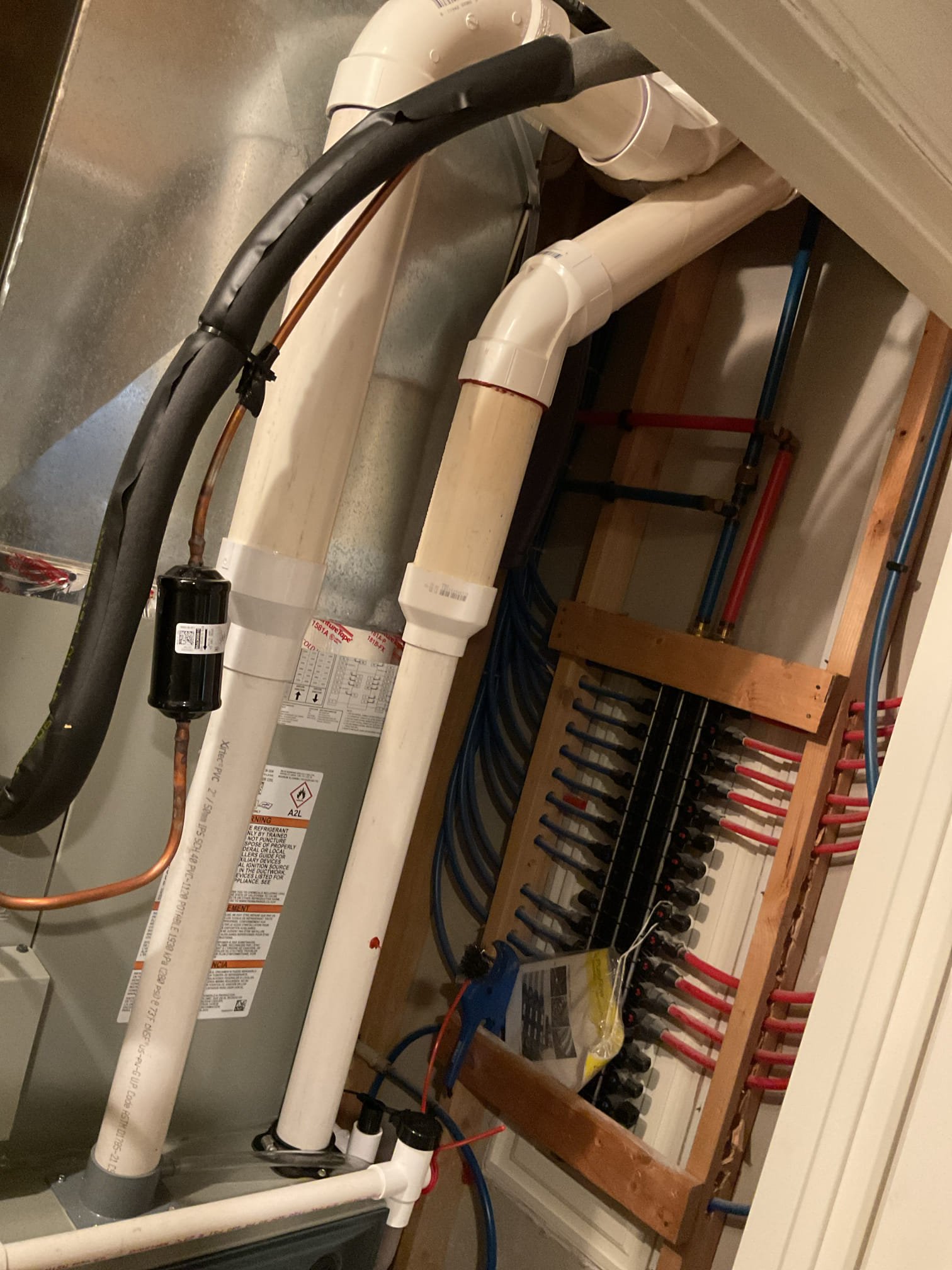 Performed quality assurance on recently installed gas heater and ac. Check all settings on unit and thermostat, check operation of heat, airflow and staging ok low and high ok. Test humidifier operation ok, I activated frost control and set to run even when thermostat is idle. This way customer will achieve humidifier set point 35%. I tested and corrected low voltage water safeties. I noticed 3 in exhaust fitting is leaking (this is existing pipe from previous heater) we will need to come back to repair fitting no charge. I check outdoor unit disconnect was in the off position, I added silicone to disconnect and line set penetration. Customer is really happy with new system. 

3/12/26 Conner: returned to repair exhaust piping. Cut out leaking section of pipe and installed new piping/fittings. Cycled system on to ensure no further leakage. 