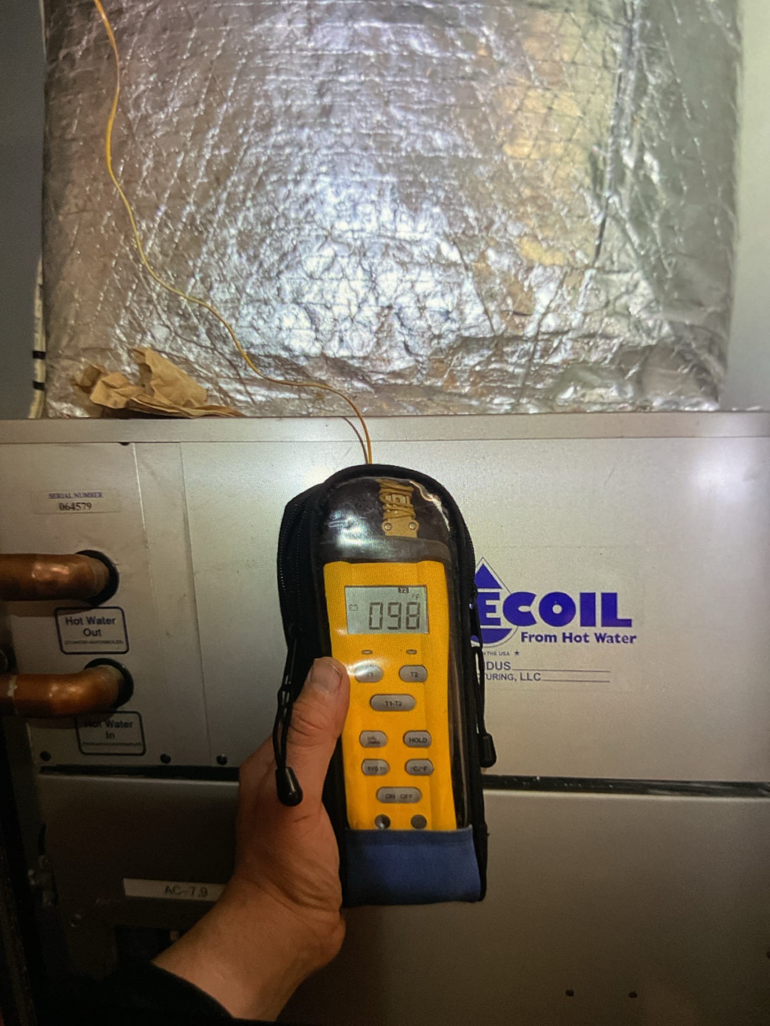 Completed heat tune up for hydronic coil air handler:

Cleaned washable filter.
Inspected indoor coil,
Checked wiring and controls. Provided estimate for surge protection for indoor equipment and surge protection for outdoor unit. It is an inverter so surge protection is highly recommended especially for the outdoor equipment as the controls are expensive.
Measured temperature rise

System operating well at this time. 