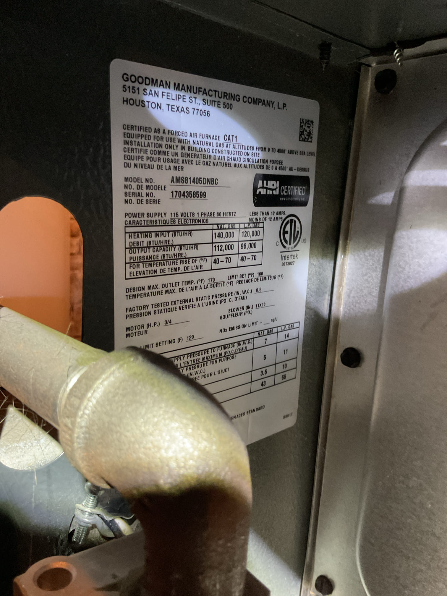 
Completed heat tune up for natural gas furnace. 140,000 BTU natural 

Replaced 16x24x1 filter
Inspected heat exchanger, burners, flue pipe, inducer assembly and hoses
Inspected hot surface ignitor and verified resistance with meter
Cleaned flame sensor and verified flame rectification circuit
Measured temperature rise and static pressure
Checked wiring, controls, electric motors and components; there are no surge protectors; left estimate for a surge protector 
Checked manifold gas pressure
Inspected drain and pump. There is a condensate pump safety but no EZ trap. Left estimate for EZ trap.

Combustion, draft and smoke tests: Pass

Gas furnace is operating well at this time. 