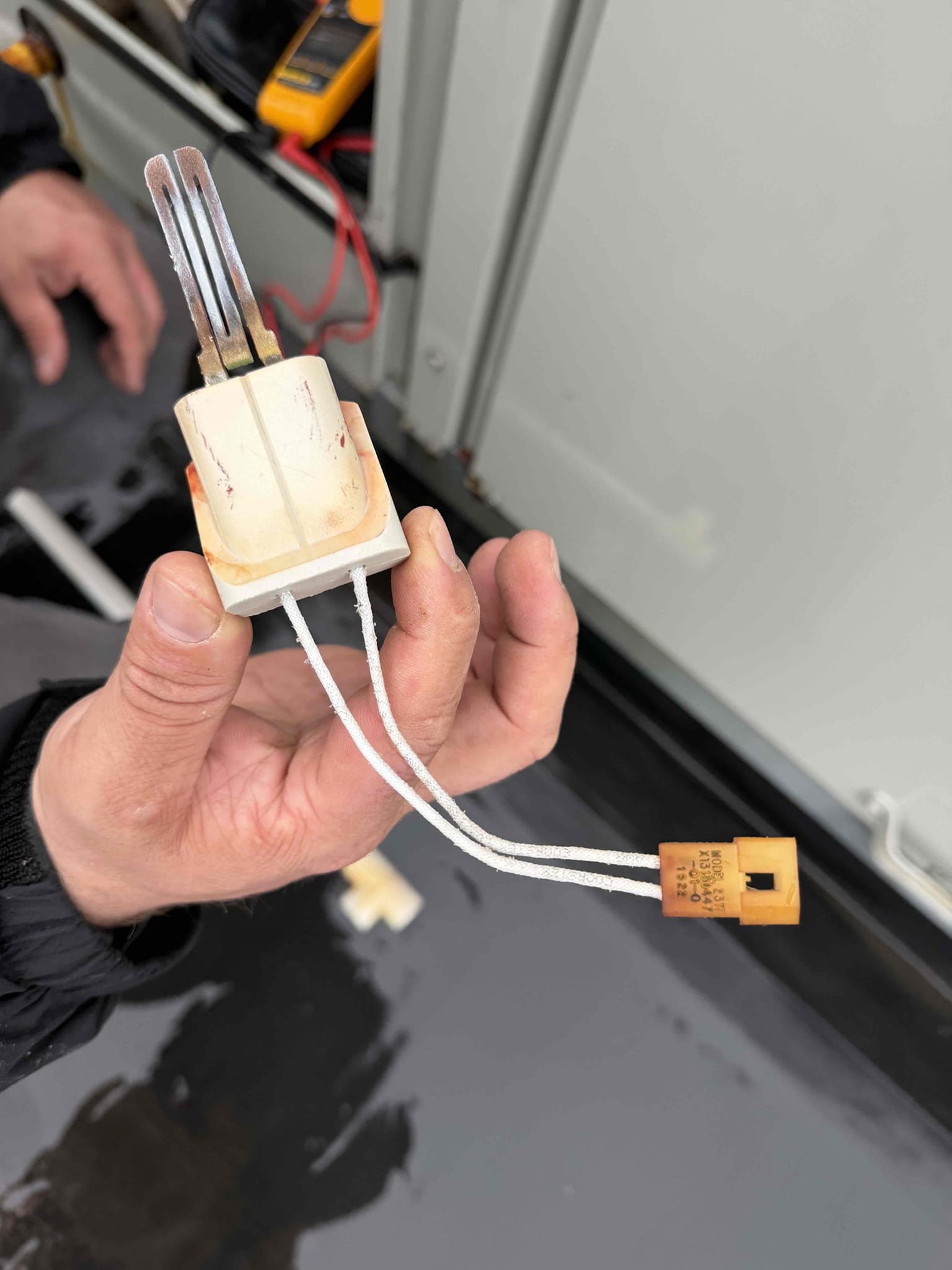 3/16/26. 
 Found rooftop unit for “clean room” not working at all. Gave rooftop a call for heat and went up on the roof. Found inducer motor running but hot surface igniter not glowing. Found 130 v going to ingniter. Measured resistance to hsi and it was 300 ohms.  Reading should be between 40 to 90 ohms. This igniter is very specific to this rooftop. Also found that the igniter does not make a great seal at the combustion chamber. This could cause a gas smell. When new igniter is installed will need to use high temperature silicone around igniter to seal better. Gas furnace is down at this time. Shut off disconnect. 