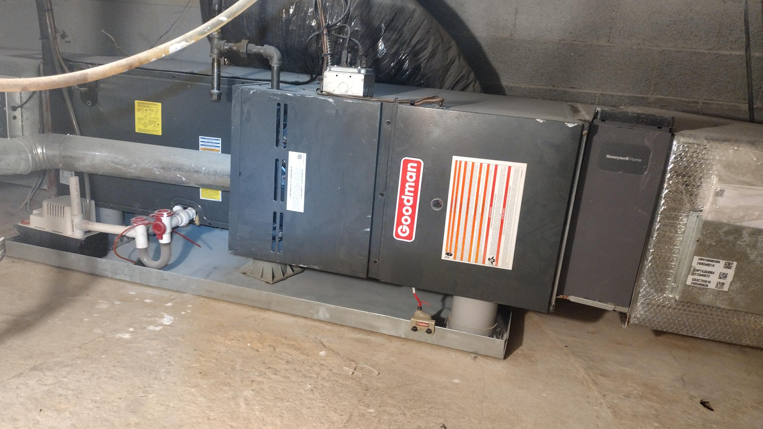 Luis 3-16-26 customer called in for no operation from the unit blank thermostat and unit does not come on at all. She recently had some work on on ductwork, they worked on unit and now unit does not come on. I checked system operation found neutral wire (transformer) disconnected from board. I connected terminal and unit came on test blower operation I do not hear any noise. Noise was probably addressed and during fixing the issue. The neutral wire came loose and got disconnected from terminal block.  I noticed unit does have any surge protection, unit has float style water protection, I provide estimate to add these water safeties. 