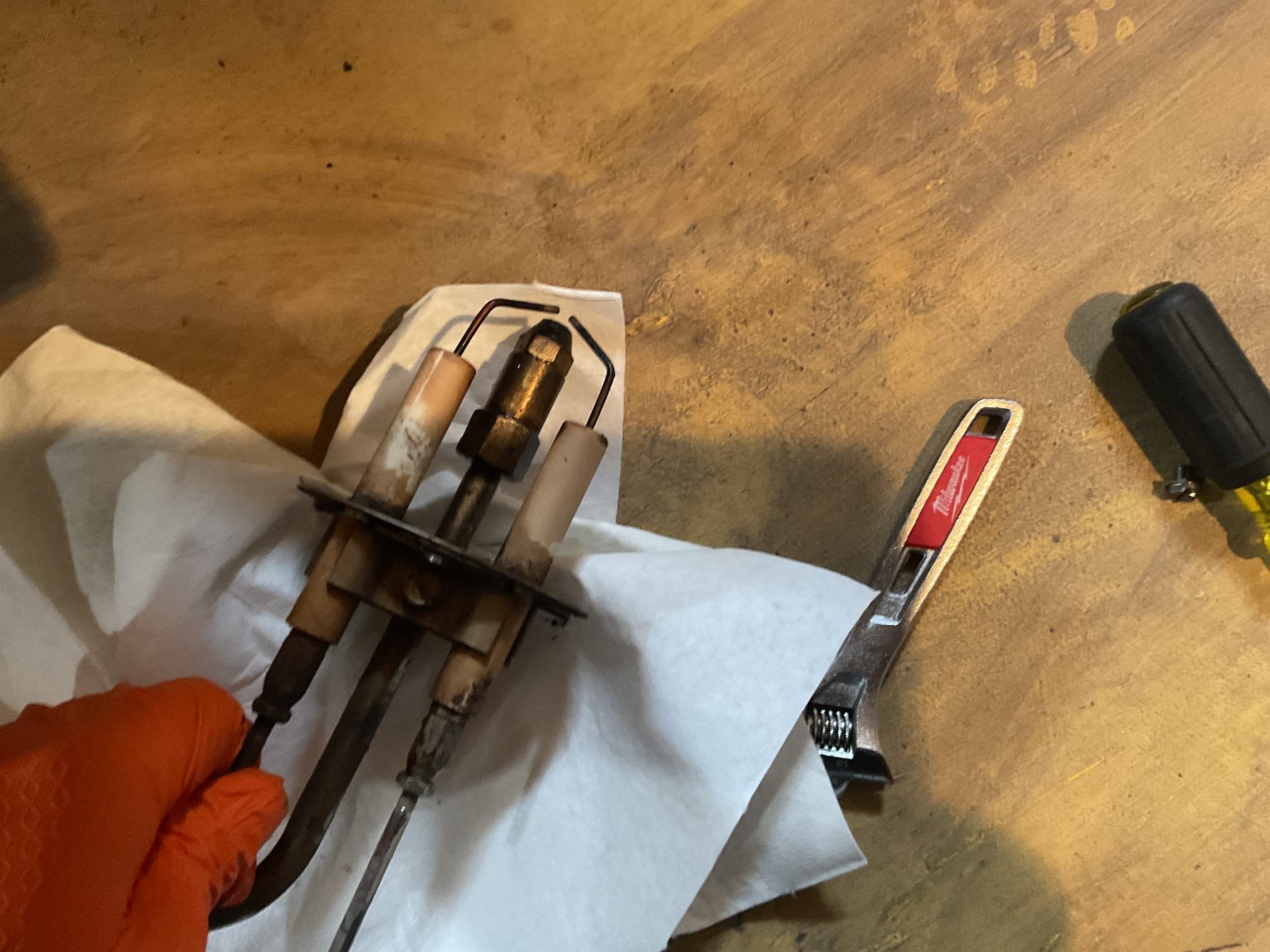 3/17/26. Fully assessed no hot water situation. Found that the water heater was an oil boiler with summer / winter hook up from 2002. Found boiler full of soot and needed cleaned. Also found electrode tips burnt off. Performed precision heat tune up on oil boiler. Vacuumed out soot from heat exchanger and smoke pipe. Replaced gar bar spin on oil filter. Replaced.65x80b nozzle. Replaced electrode assembly. Sealed around chimney base. Explained to homeowner that it would be a good idea to get a replacement estimate do to the age and condition of oil boiler. Oil boiler is working at time of service.