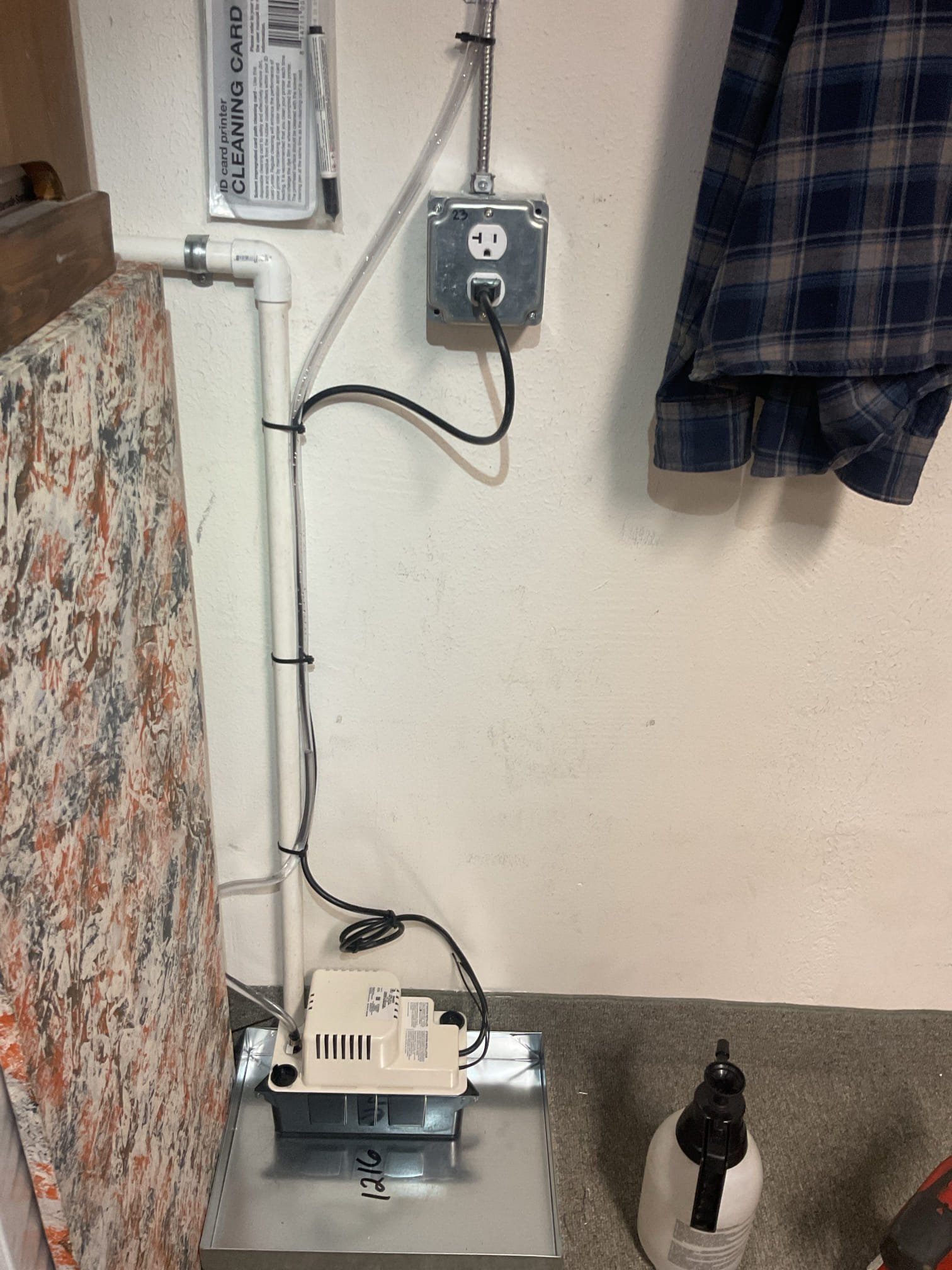 Condensate solution for Minisplit. 

Installed new 1” and 3/4” drain piping as well as minisplit tubing; piped to new 115V condensate pump.
Ran vinyl tubing into the tunnels.
Afterwards tested pump and AC.

They will use water sensor tied into the alarm panel/system. No need for 9V water alarm. Removed this from invoice.

Recommend adding condensate pan treatment tabs to pump monthly to keep clean. 4 tabs per month. Can buy them from Amazon or supply hous.com just search condensate pan treatment tabs. 

