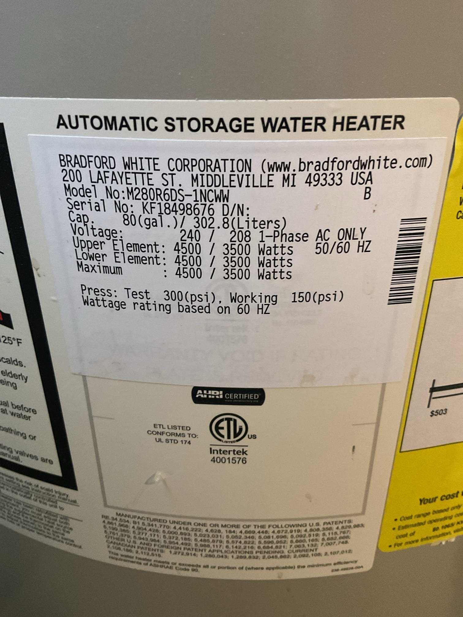 3/20/26
 Fully assessed 80 gallon Bradford white and 50 gallon Richmond electric water heater. Explained to homeowner that the pipe that was leaking above the water heater has seal it self shut at this point but the 80 gallon is from 2013. Recommend replacing water heater with Rheem 50 gallon electric. This will still give them 100 gallons of hot water. Explained to him our maintenance plan for the (2) Lennox heat pump systems to give him a discount on the water heater installation. He is going to talk with his wife before making a decision. 