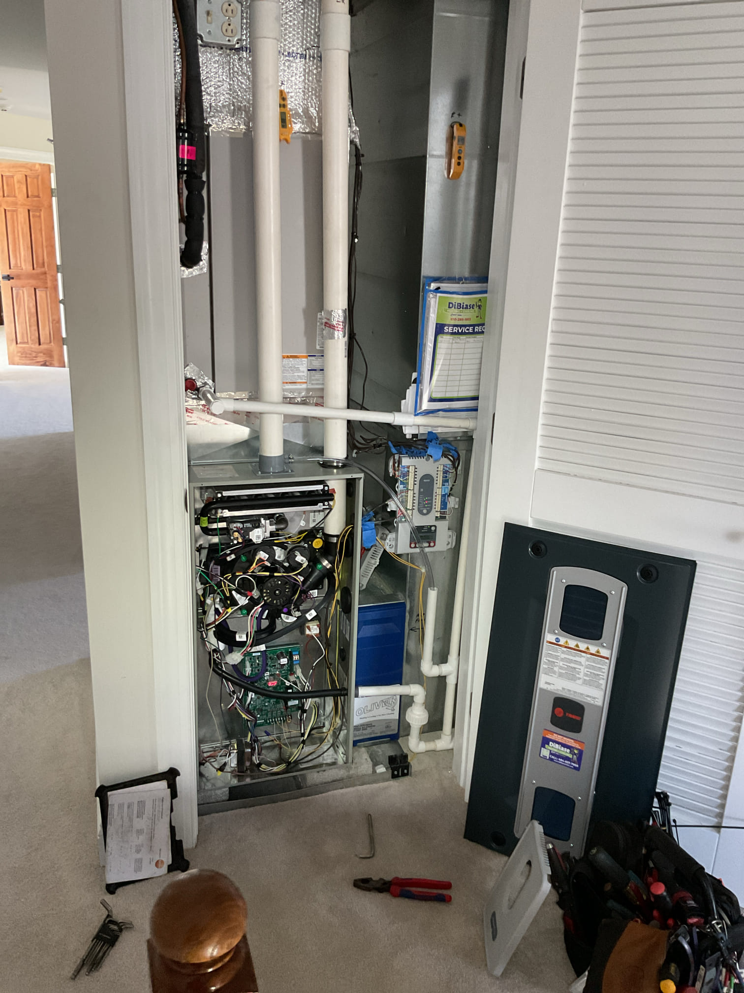 Completed (2) AC tune ups.
For 2nd Floor system: (2) Zones 1 thermostat in middle bedroom, the other in master bedroom. The AC for this system dates to early 2017 9 years old based on serial number of the outdoor unit. Bryant 3 Tons. Furnace was installed by us in October 2025. 
Homeowner said for the few days they have needed cooling this year the AC did not work.
I tested and system came on. I did lower the fan speed from 400 to 370 CFM per ton 3 Ton. 

1st Floor system is 100,00 BTU natural gas furnace with 3 Ton AC gas furnace dates to 2007, AC dates to 2018. Gas furnace is 18 years old. Has several rust spots on heat exchanger. Burner assembly is very rusted. Ignitor has weather/hot spots. Provided estimate to replace 1st floor furnace burners and Ignitor. 

2nd Floor system filter 16x25x4 good
Replaced 1st floor system filter 16x25x4

For Each AC system:
Checked condition of indoor and outdoor coils: Indoor and outdoor coils in good condition 
Inspected wiring, controls, electric