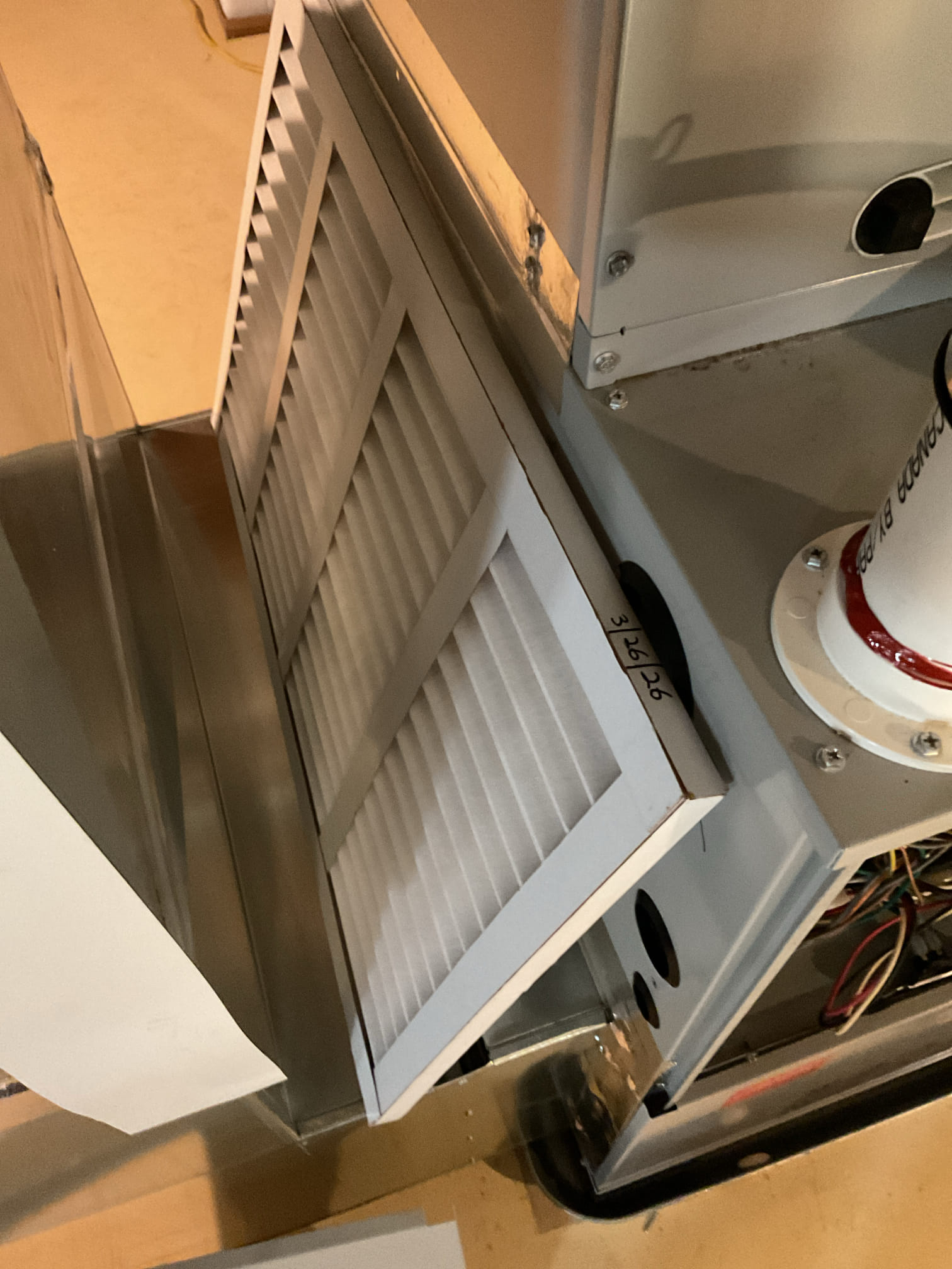 3/26/26 Dan 

I arrived to the customers home to service their 2 yr old Bosch  a/c system . I checked the wiring connections and the voltages . I checked and replaced the indoor air filter , the filter size is 16x25x1. I Inspected the indoor coil and tested the primary drain pan and cleared and tested the ez trap . I flushed the drains with water to tested the trap and the pump. I Took indoor temp splits at the return and the supply tested both zones for proper function. and checked the blower motor amperage draws. I looked at the outdoor unit wiring connections and voltages . I inspected  the outdoor components and checked my unit pressures by using super heat sub cool method.  Everything is working fine at this time of service, newer system. 
