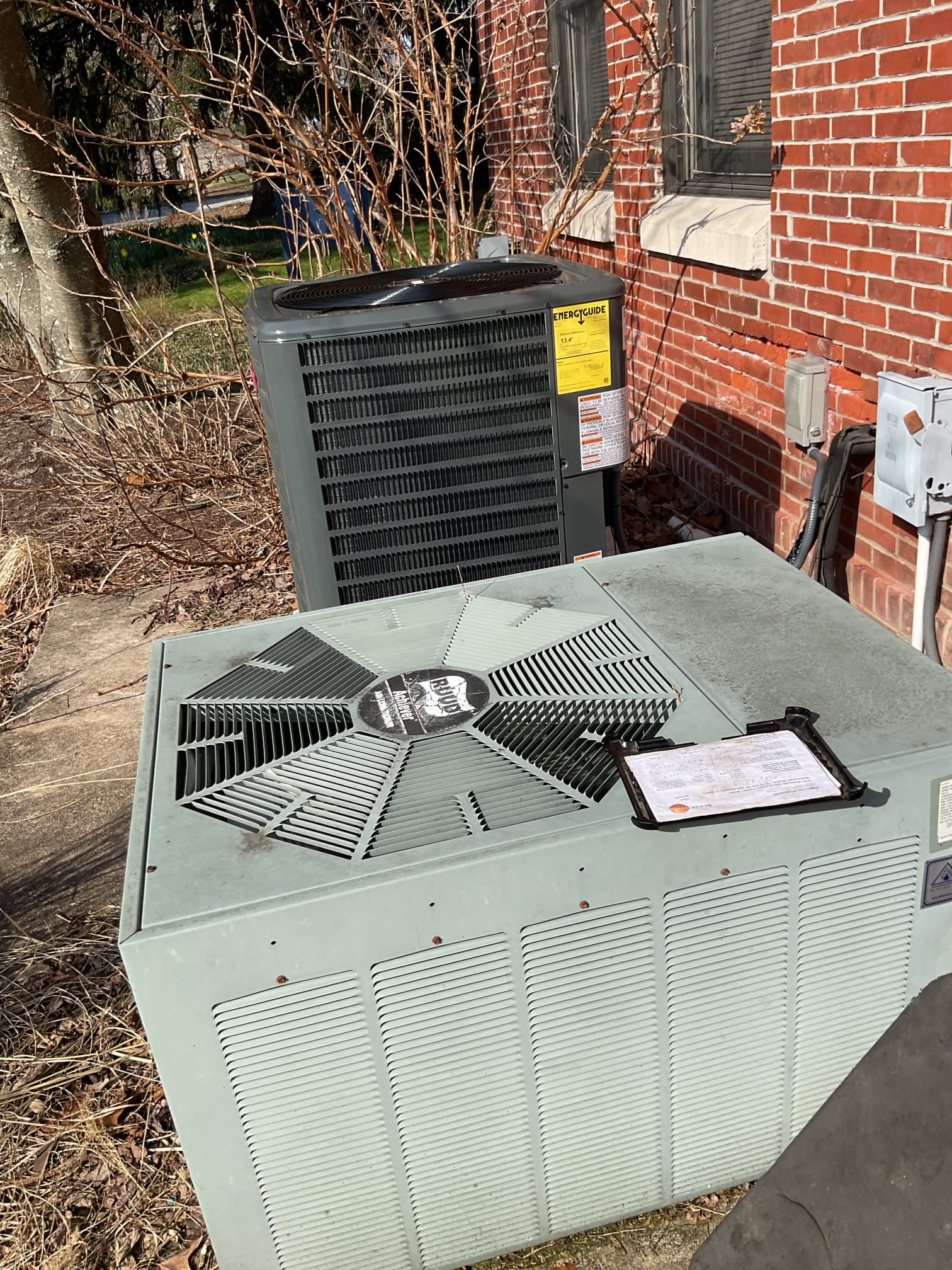 Completed (2) AC tune ups for tech center 
5 Ton R22 system from 2004 22 years old 2nd floor
5 Ton R32 system installed December 2025 1st floor

Replaced 16x25x1 filter for basement system. 2nd floor filter (16x25x1) ok

For each system:
Inspected Indoor and outdoor coils: 2nd floor system indoor coil rust marks as to be expected given age. 
Inspected wiring, controls, electric motors and components; left estimates for surge protectors for 2nd Floor system. First floor system was installed with surge protectors
Measured temperature split and static pressure 
Inspected drains; cleared EZ traps. Recommend wet switch for Second floor system; device that will shut equipment down if water is detected on floor near equipment

Checked integrity of compressor motor (mega ohm test)

Assessed refrigerant charge checked pressures. 
R22 system Good
R32 system needed some refrigerant. It was installed in dthe de be so w could not accurately charge it. After charging it today is running at 10° Subco