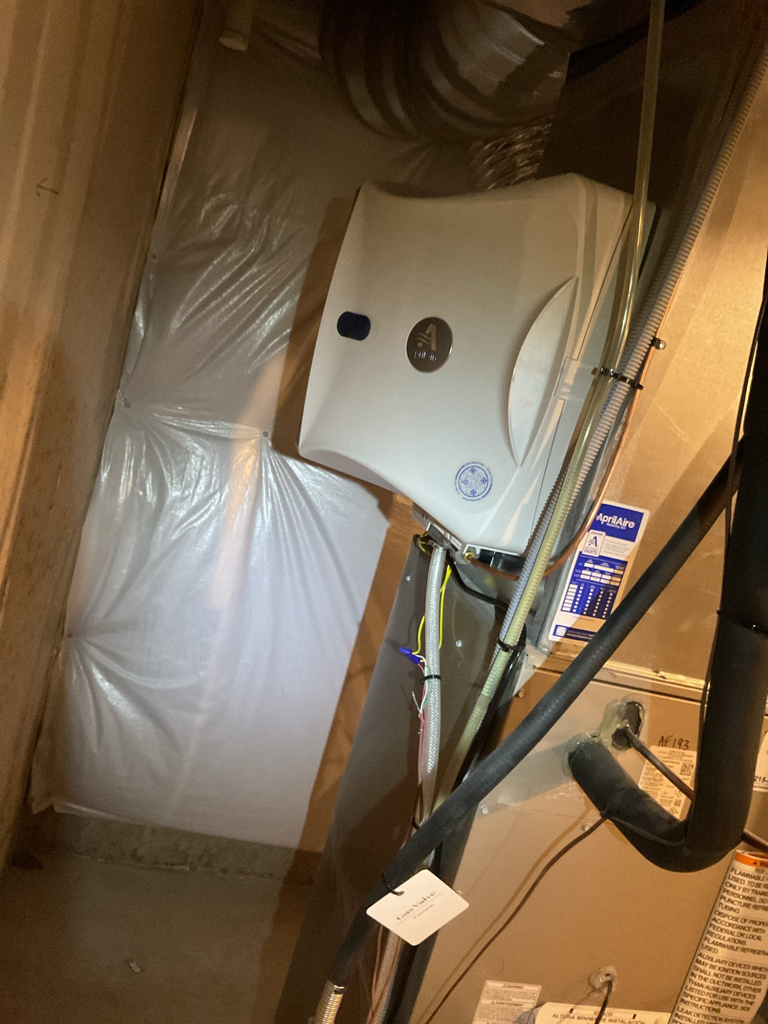 Luis 3-27-26 Installation of whole house humidifier Aprilaire Model 700 Humidifier.   Install new humidifier on supply plenum and seal.   Run new copper water line from hot water side and connect to humidifier and install new control valve.  Install new humidistat and complete all wiring to new humidifier.  Run new drain line and connect to existing drain.  Test operation of humidifier on completion ok. Humidifier is working properly at the time of installation, showed customer how to use controller, maintenance required yearly for maximum performance. I informed customer about condensation pump outlet sometimes will tripped due to GFCI
****condensation pump is plugged into GFCI RECEPTACLE by furnace *******

During same visit performed ac tune up on year old carrier 3.5 ton ac system. Check all components indoor and outdoor, check air filter 413 ok test drain ok. (Pump safety was not connected to unit, wired safety to control board) check airflow supply and return air ok. Indoor unit 