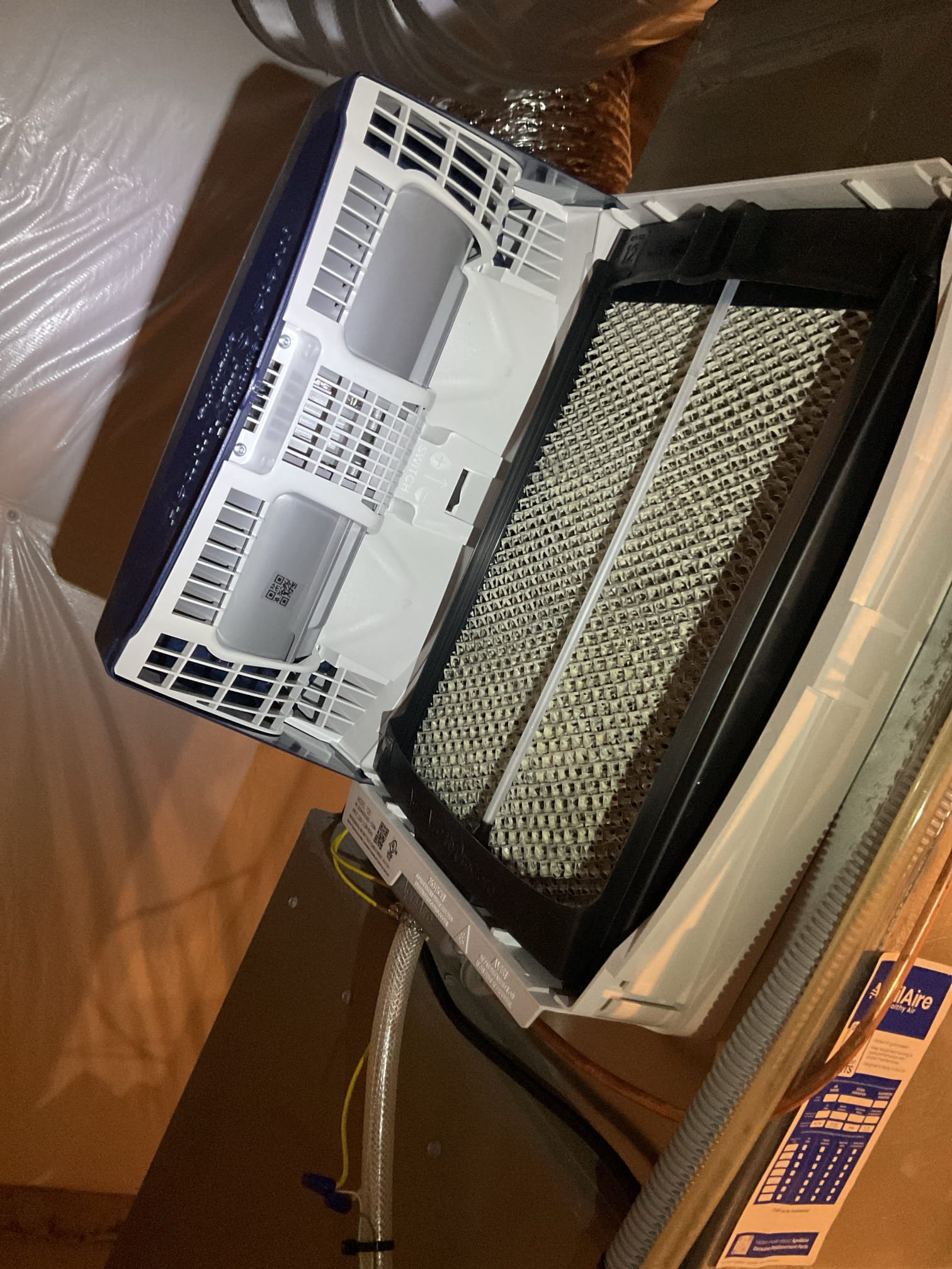 Luis 3-27-26 Installation of whole house humidifier Aprilaire Model 700 Humidifier.   Install new humidifier on supply plenum and seal.   Run new copper water line from hot water side and connect to humidifier and install new control valve.  Install new humidistat and complete all wiring to new humidifier.  Run new drain line and connect to existing drain.  Test operation of humidifier on completion ok. Humidifier is working properly at the time of installation, showed customer how to use controller, maintenance required yearly for maximum performance. I informed customer about condensation pump outlet sometimes will tripped due to GFCI
****condensation pump is plugged into GFCI RECEPTACLE by furnace *******

During same visit performed ac tune up on year old carrier 3.5 ton ac system. Check all components indoor and outdoor, check air filter 413 ok test drain ok. (Pump safety was not connected to unit, wired safety to control board) check airflow supply and return air ok. Indoor unit 