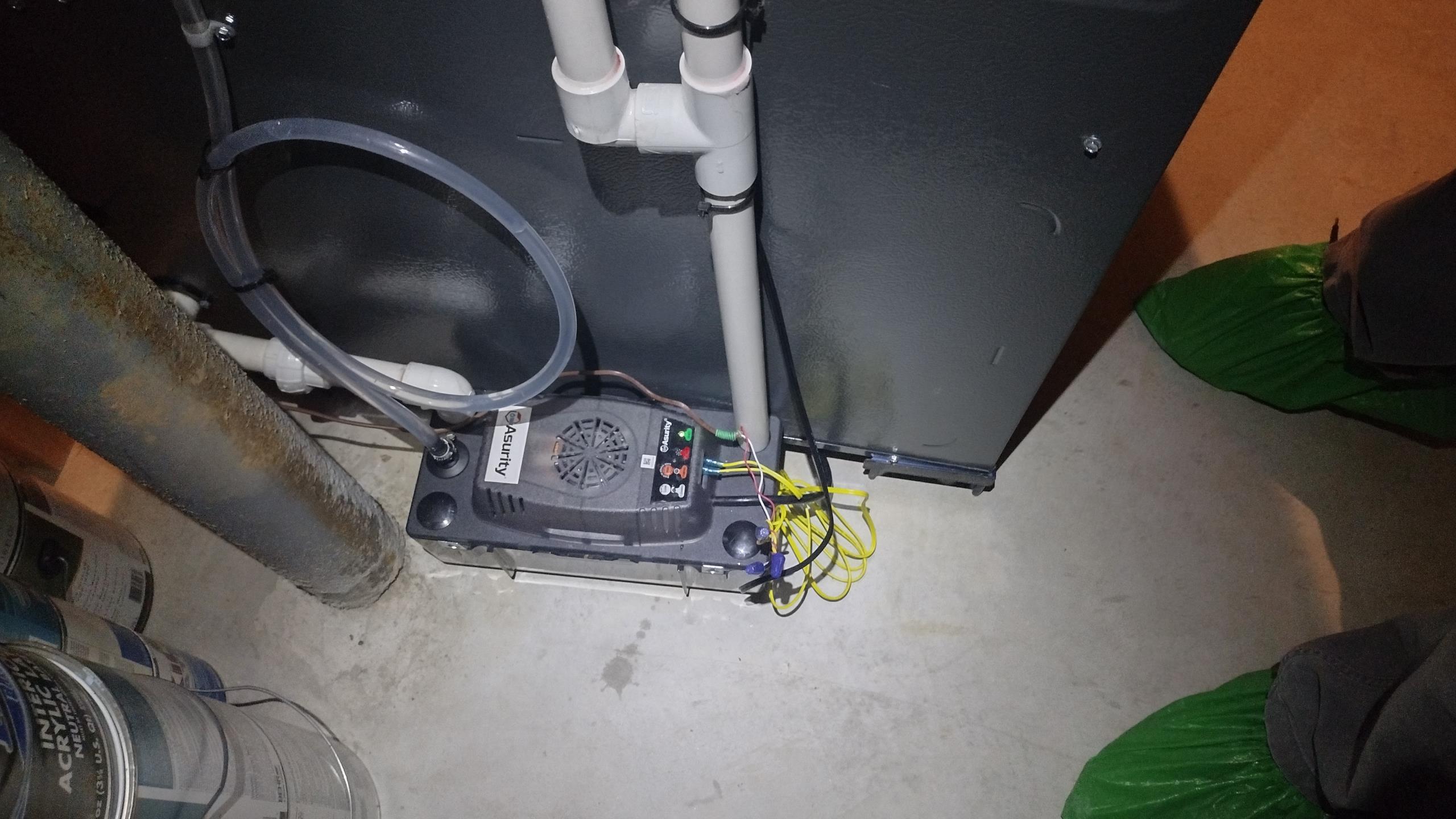 Luis 3-27-26 customer called in for condensation pump nonstop running. Pump is asurity pump style. Test condensation pump, I found heater drain pvc going into pump was making contact with metal float triggering the pump. I cutdown 3/4 pvc drain for heater and clean float. Pump stopped, y poured water to test pump ok. If customer continues to have issues with pump we will need to replace pump. Will have to be the same style pump (noise issues).  No charge warranty 