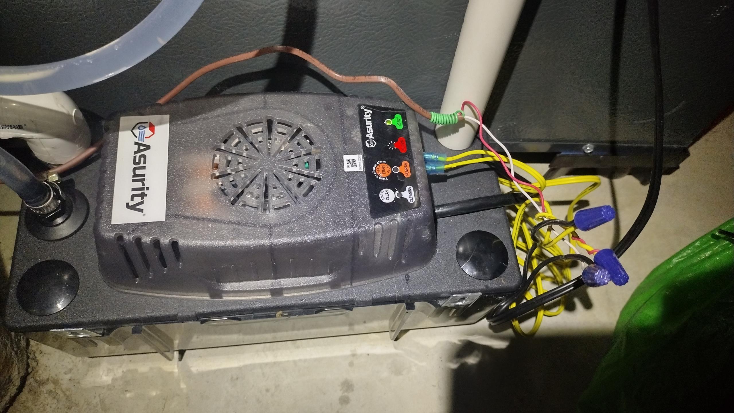 Luis 3-27-26 customer called in for condensation pump nonstop running. Pump is asurity pump style. Test condensation pump, I found heater drain pvc going into pump was making contact with metal float triggering the pump. I cutdown 3/4 pvc drain for heater and clean float. Pump stopped, y poured water to test pump ok. If customer continues to have issues with pump we will need to replace pump. Will have to be the same style pump (noise issues).  No charge warranty 