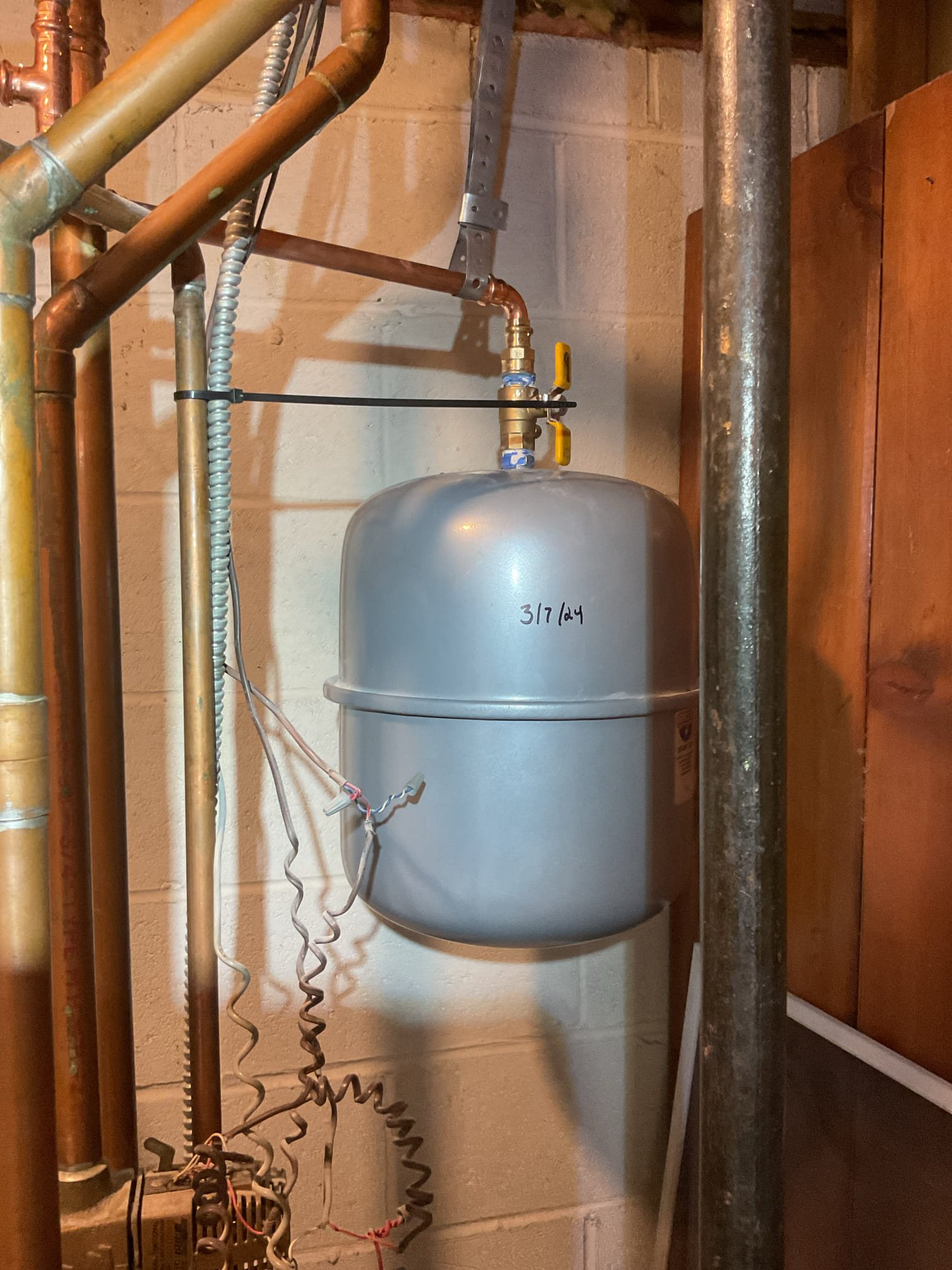 
3/30/26
Barry+Conner

Removed failed boiler feed valve and piping and capped off.
Cut back 1 1/4” supply to accommodate new Spirovent air eliminator.
Installed new Spirovent air eliminator, 1/2” boiler ball valve, backflow preventer with vent piping and pressure reducing feed valve.
Also installed (2) 3/4” isolation valves on the supply side which will allow for isolation of boiler components.

After fill and testing the boiler safety felief valve began trickling. I discussed with Mike and he agreed to replace. *I did not make this a part of my original estimate for the sake of keeping costs to a minimum but unfortunately it needs to be replaced. Mike agreed. Replaced boiler pressure relief valve. 

Installed expansion tank at water heater, pressurized to 60psi.

Afterwards tested system and hot water. Operating well at this time. 


