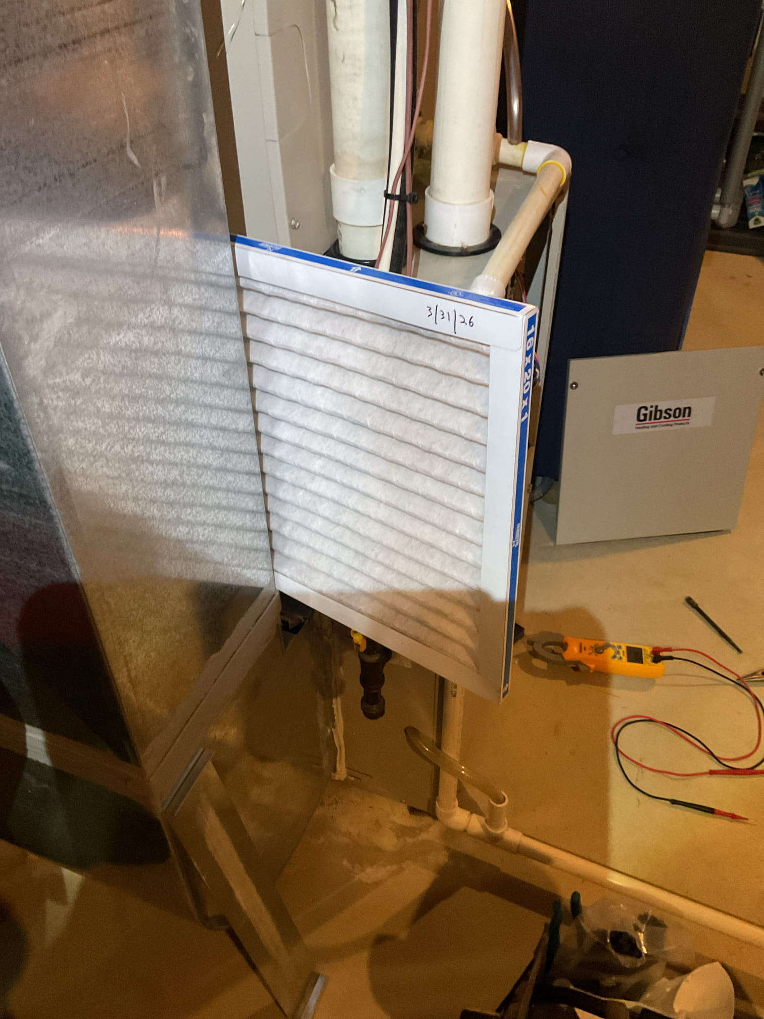 3/31/26 Dan 

I arrived to the customers home to service their 12yr old Gibson a/c system . I checked the wiring connections and the voltages . I checked and replaced the indoor air filter , the filter size is 16x20x1. I Inspected the indoor coil and water tested the primary drain pan and cleared the drain line. I Took indoor temp splits at the return and the supply  and checked the blower motor amperage draws. I looked at the outdoor unit wiring connections and voltages . I inspected  the outdoor components and checked my unit pressures by using super heat sub cool method.  The system is currently operational but past normal life expectancy. Replacement of system is strongly recommended in the near future. 

I recommended in adding a wet switch to help prevent water damage around the equipment, Finished basement.
