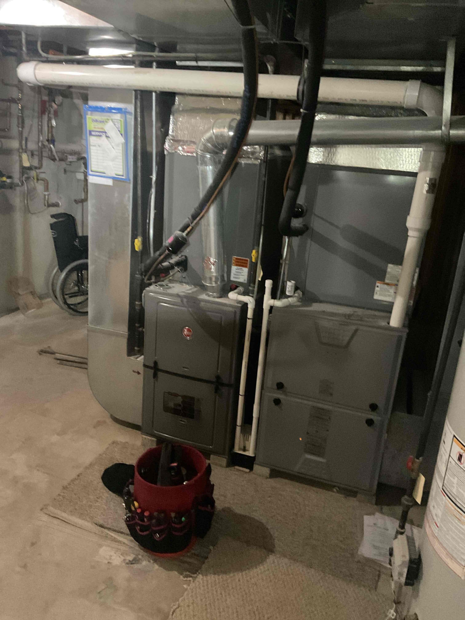 Luis 3-31-26 performed ad tune up on two units, heil 5 ton first floor (3 years old)  and rheem 4 ton (4 years old) check all electrical components, check air delivery system, drain system, replace both filters. Check airflow supply and return ok. Both units share condensation pump vinyl tubing goes across basement and goes into sump pump. Both indoor units don’t have surge protection, i provided estimate to add water sensor for each unit, I also included surge protection in the estimate. (This will protect units against electrical issues and water sensor will protect from water leaks). 
First floor 5 ton unit, I noticed outdoor refrigeration levels are lower than normal, I compare numbers from last year and the degrees are lower this year, customer had an issue with unit last year, compressor issue. We installed hard start assist, I provided estimate to add refrigerant up to two lbs and add dye so we can check for leaks at the end of summer. I also noticed water leaks from furnace tra
