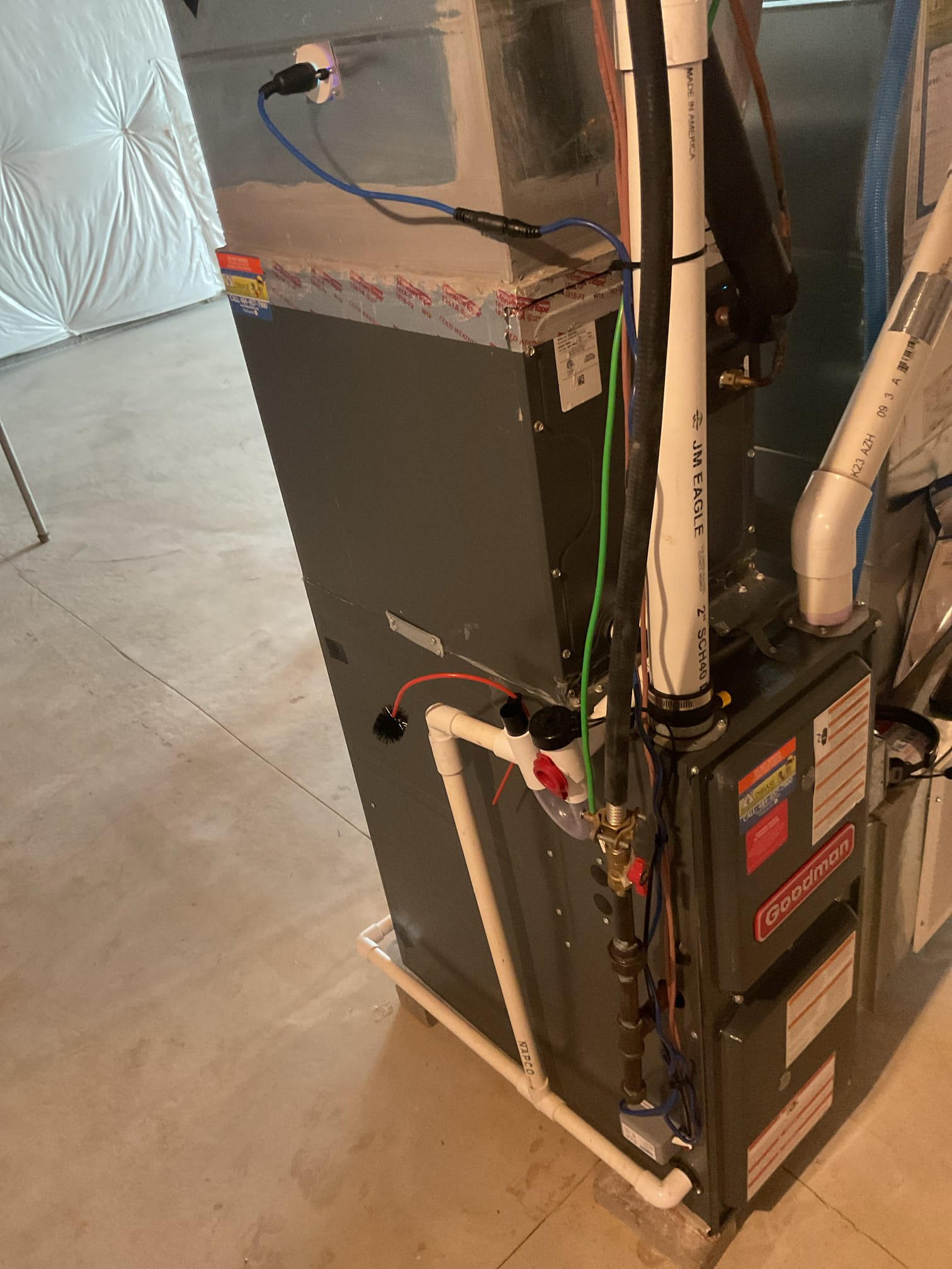 Luis 3-31-26 performed ac tune up on 2 ton Goodman ac unit from 2019. Check system operation, test indoor and outdoor units, all electrical low and high ok. Customer just change filter, test drain and pump ok check airflow supply and return air ok. Check outdoor unit refrigerant levels ok capacitor and contactor, found capacitor reading below standards, drain trap was partly clogged, I talked to customer about todays visit, and provided estimate for recommendations customer approved repairs. Add drain protection on ac coil
Installation of uv light for hvac unit 
Replacement of capacitor for outdoor compressor 45/5 cap.  Test system operation after repairs ok. 