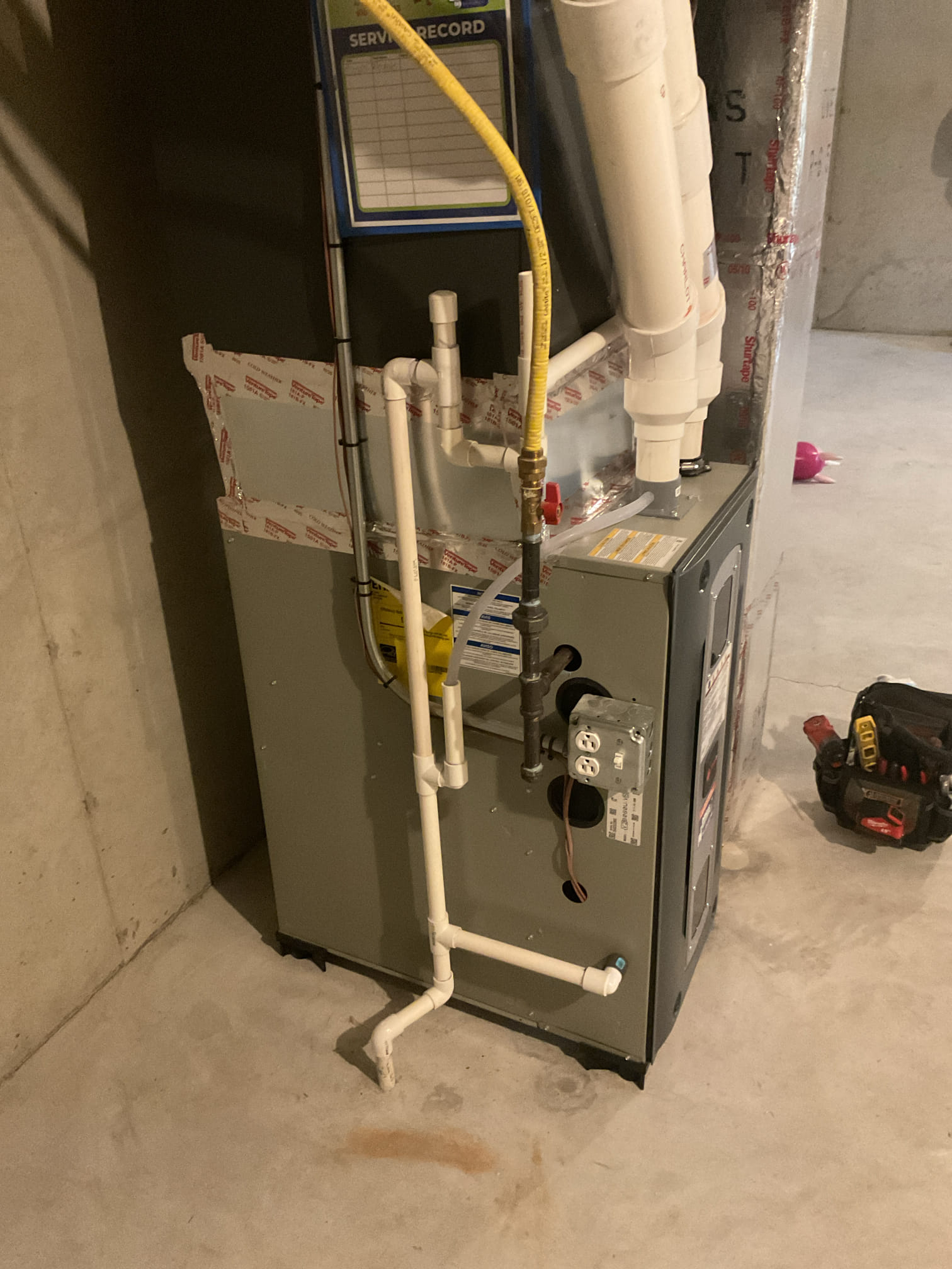 4/1/26. Performed precision a/c tune up on 2010 Goodman a/c. Replaced 16x25x1 air filter. Checked all electrical connections and components. Found no water protection on system and a lot of debris in old trap, recommend installing ez trap, installed and tested operation. Also found some bacterial growth inside fiberglass supply plenum, provided option to install Apcox uv air purifier. Checked refrigerant pressures and temperatures. A/c. is at replacement age and do not know how long it will last. A/c is working at time of service. 