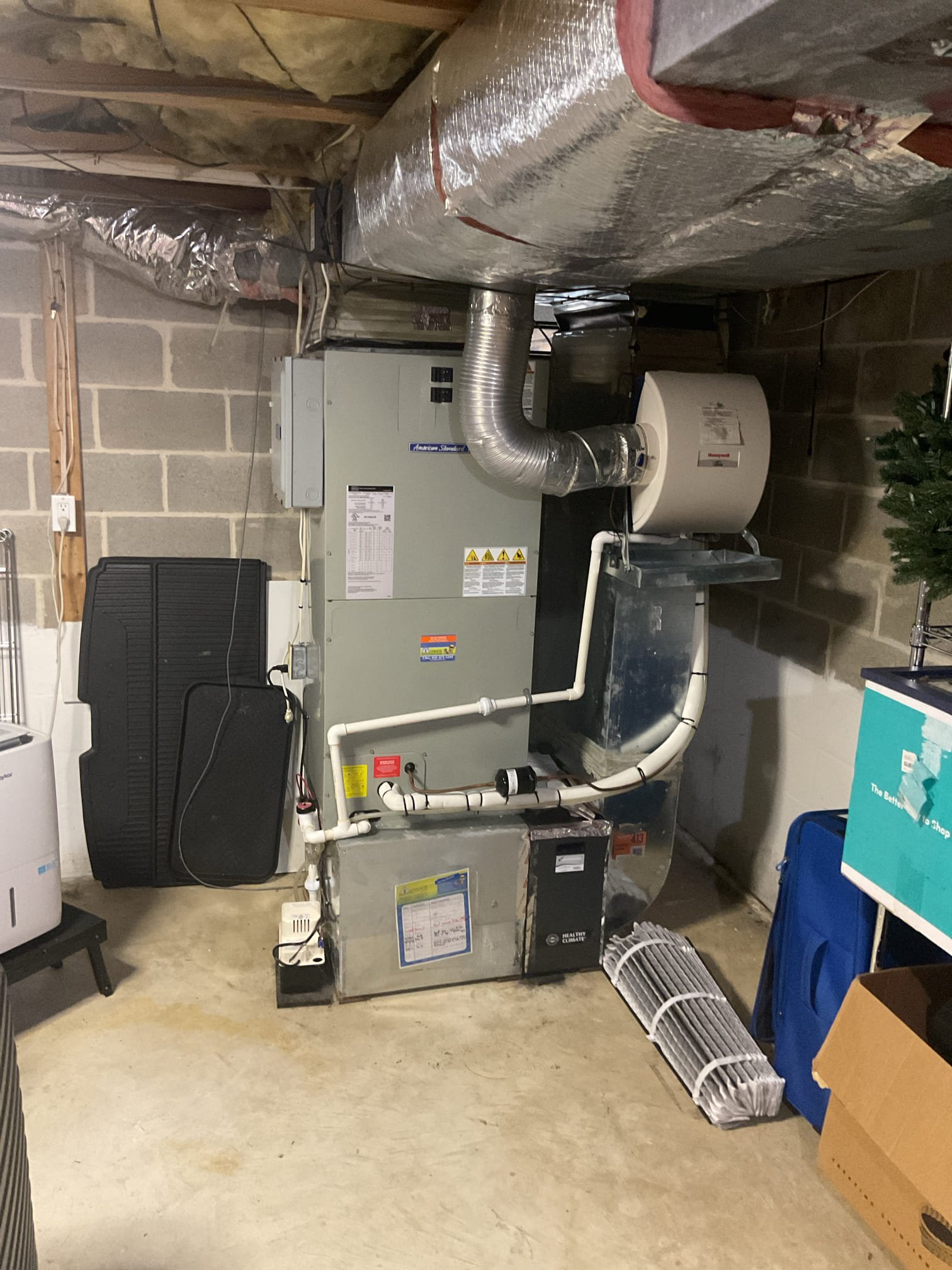 Luis customer called in for no cooling call, found thermostat off upon arrival, customer stated they have had issues with breakers. All breakers are in correct position, found condensation pump unplugged, condensation pump switch activated, plugged in pump and test operation system came on, flush trap and test pump ok. Check all wiring ok. I noticed pump reservoir is in bad shape. I provided estimate to replace pump and I also provided estimate to perform tune up. Check supply and return Temps ok. I inspect supply duct and took pictures of condition. Customer declined tune at this time and also. No charge warranty call per management I emailed estimate for indoor air quality 